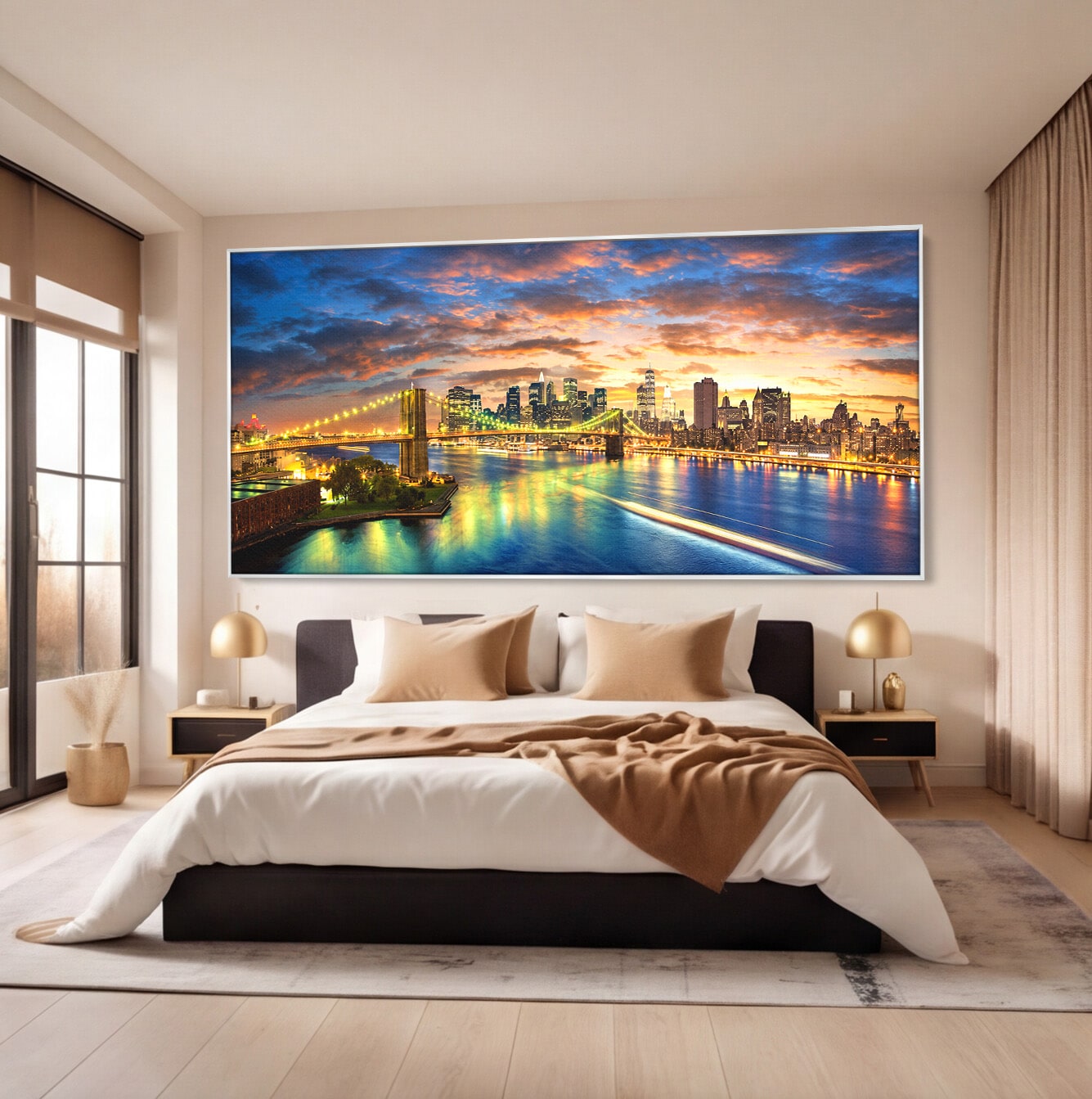 Tablou Canvas Premium LuxCanva® O1072, Orasul Luminat, Oras, Pod, Apus, Reflexii, Living, Culori Vibrante