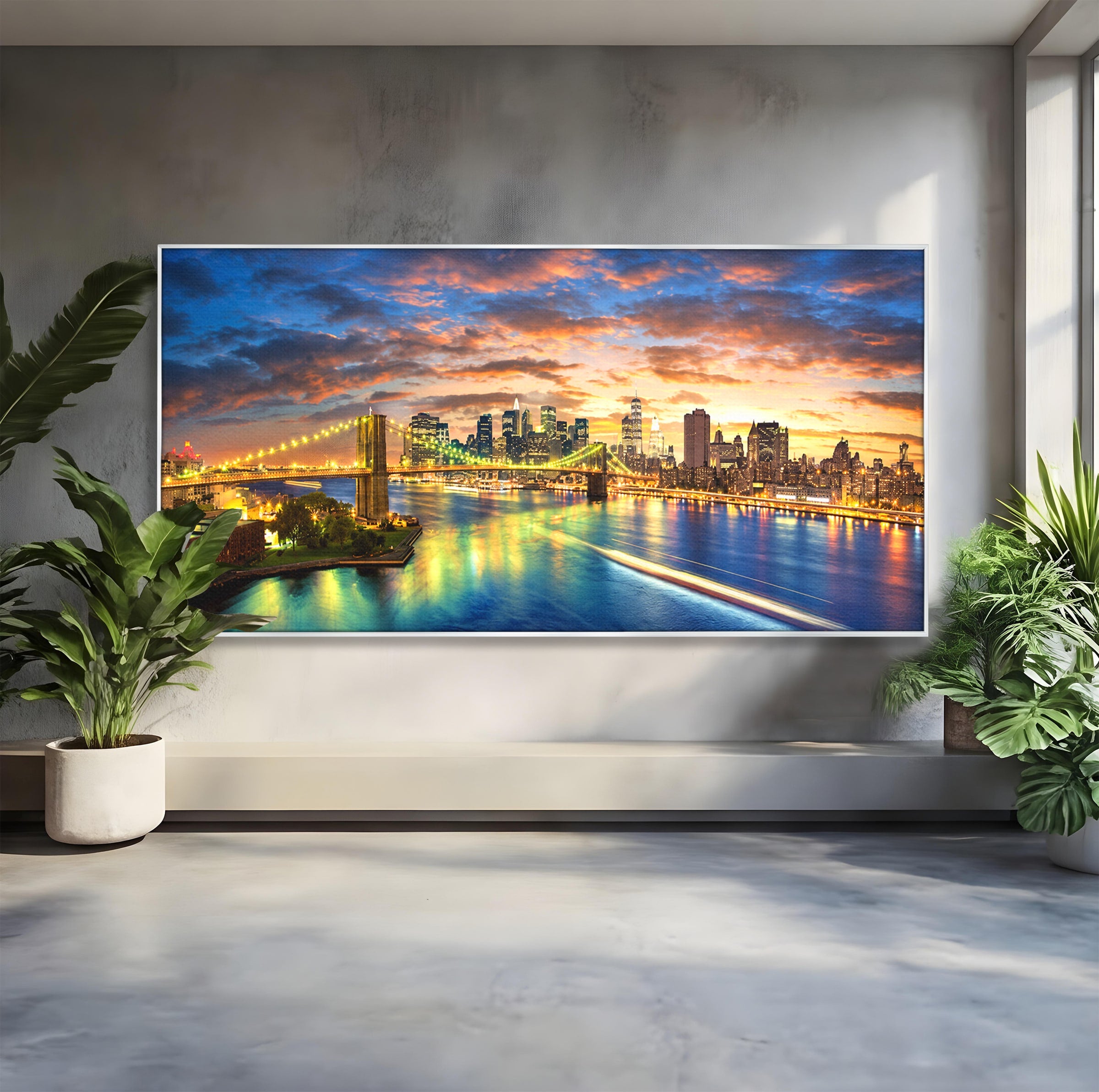 Tablou Canvas Premium LuxCanva® O1072, Orasul Luminat, Oras, Pod, Apus, Reflexii, Living, Culori Vibrante