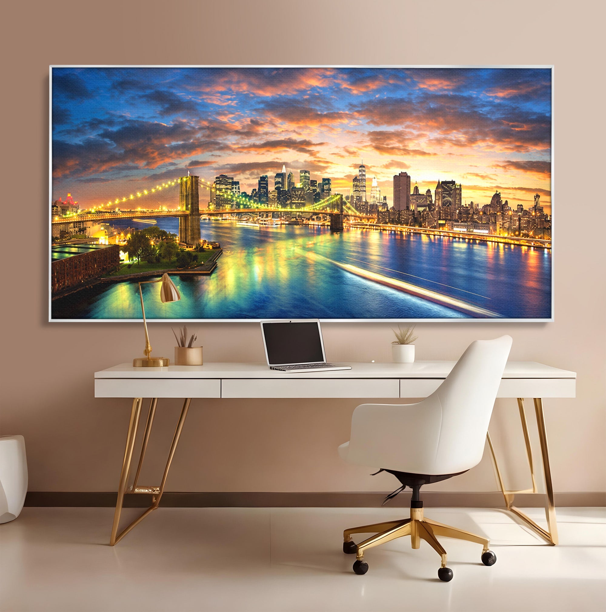 Tablou Canvas Premium LuxCanva® O1072, Orasul Luminat, Oras, Pod, Apus, Reflexii, Living, Culori Vibrante
