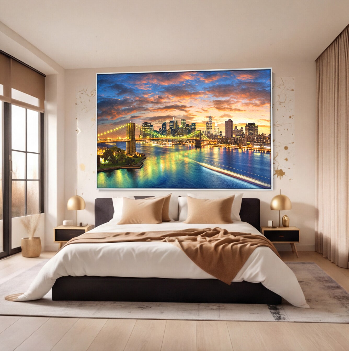 Tablou Canvas Premium LuxCanva® O1072, Orasul Luminat, Oras, Pod, Apus, Reflexii, Living, Culori Vibrante