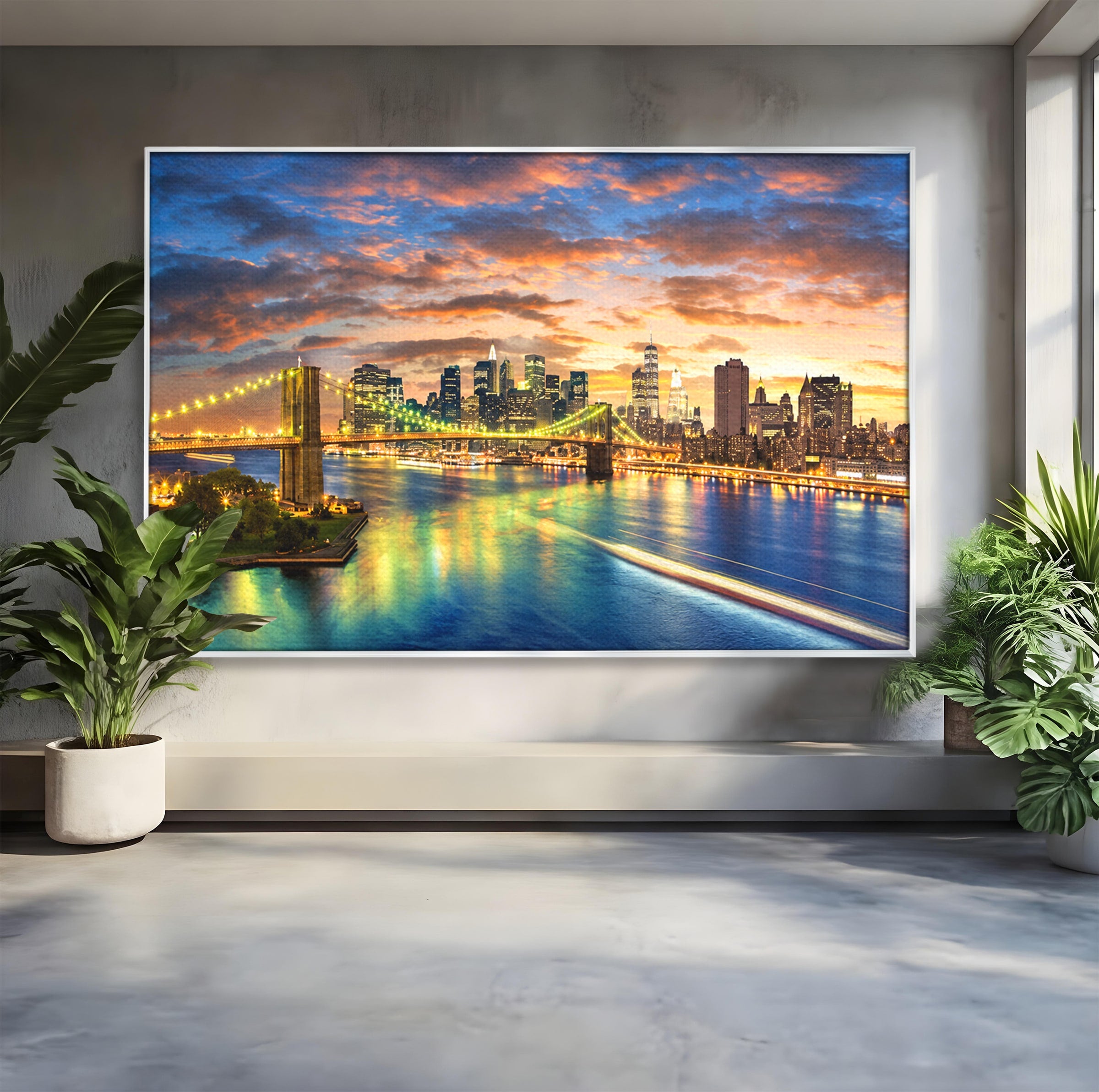 Tablou Canvas Premium LuxCanva® O1072, Orasul Luminat, Oras, Pod, Apus, Reflexii, Living, Culori Vibrante