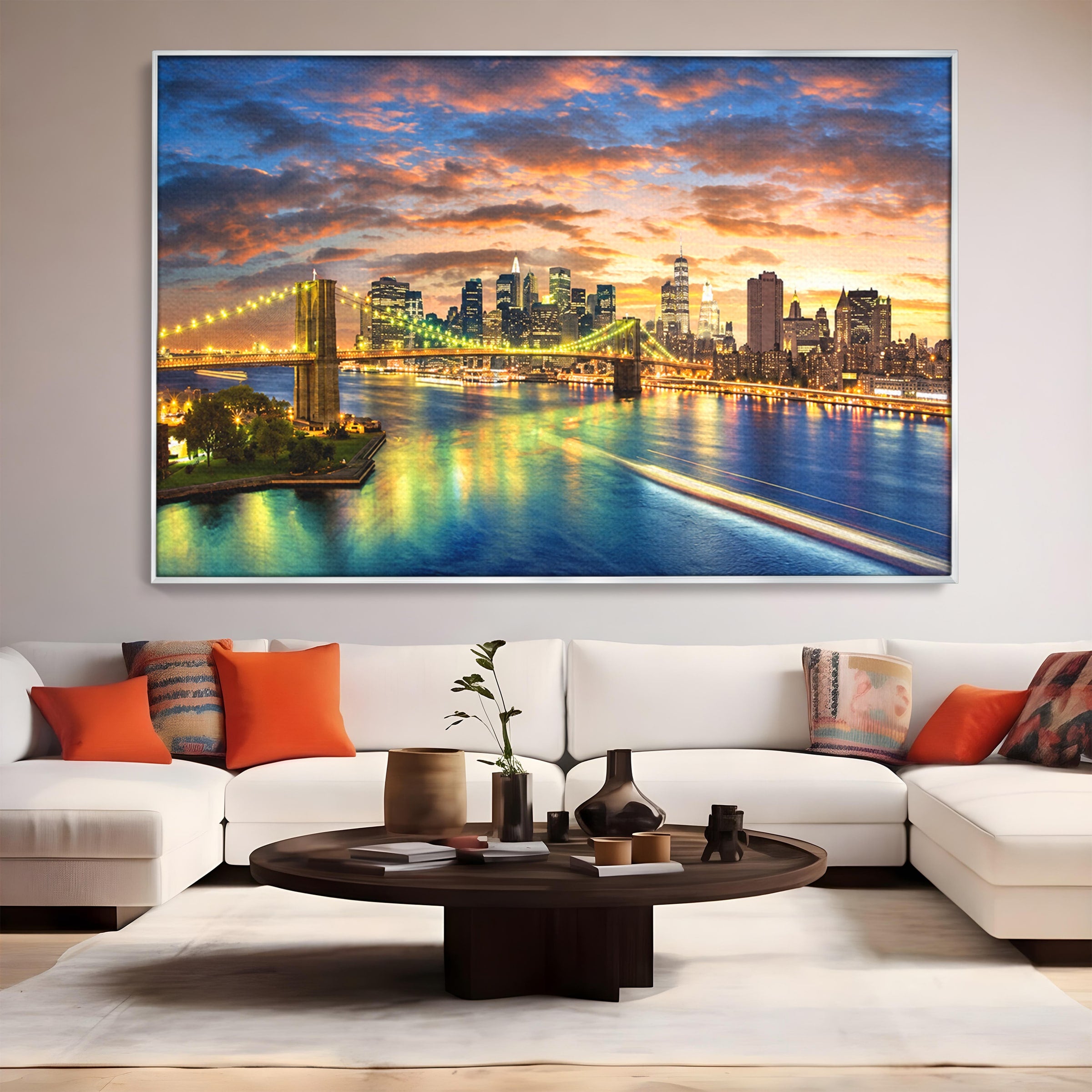Tablou Canvas Premium LuxCanva® O1072, Orasul Luminat, Oras, Pod, Apus, Reflexii, Living, Culori Vibrante