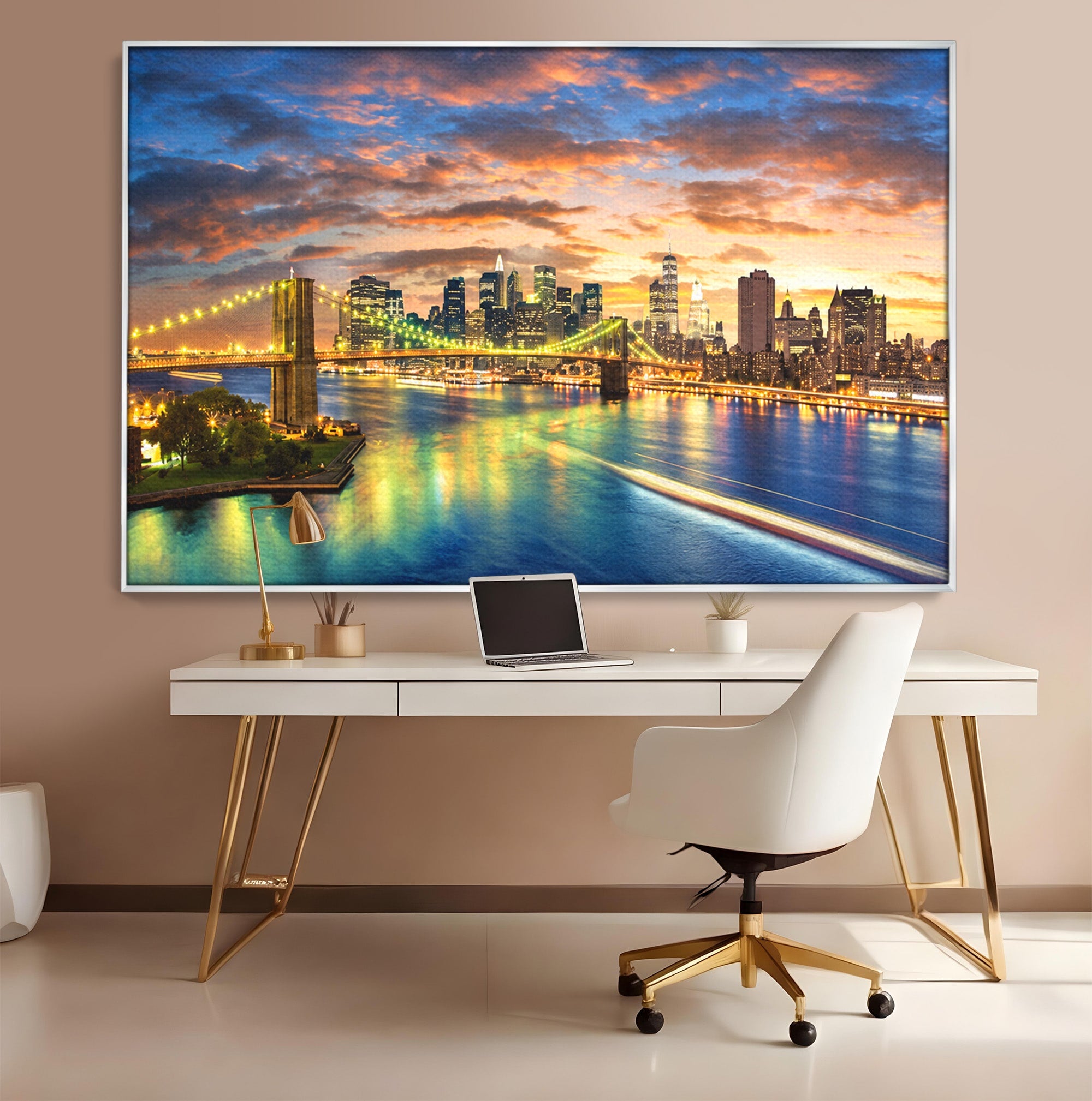 Tablou Canvas Premium LuxCanva® O1072, Orasul Luminat, Oras, Pod, Apus, Reflexii, Living, Culori Vibrante