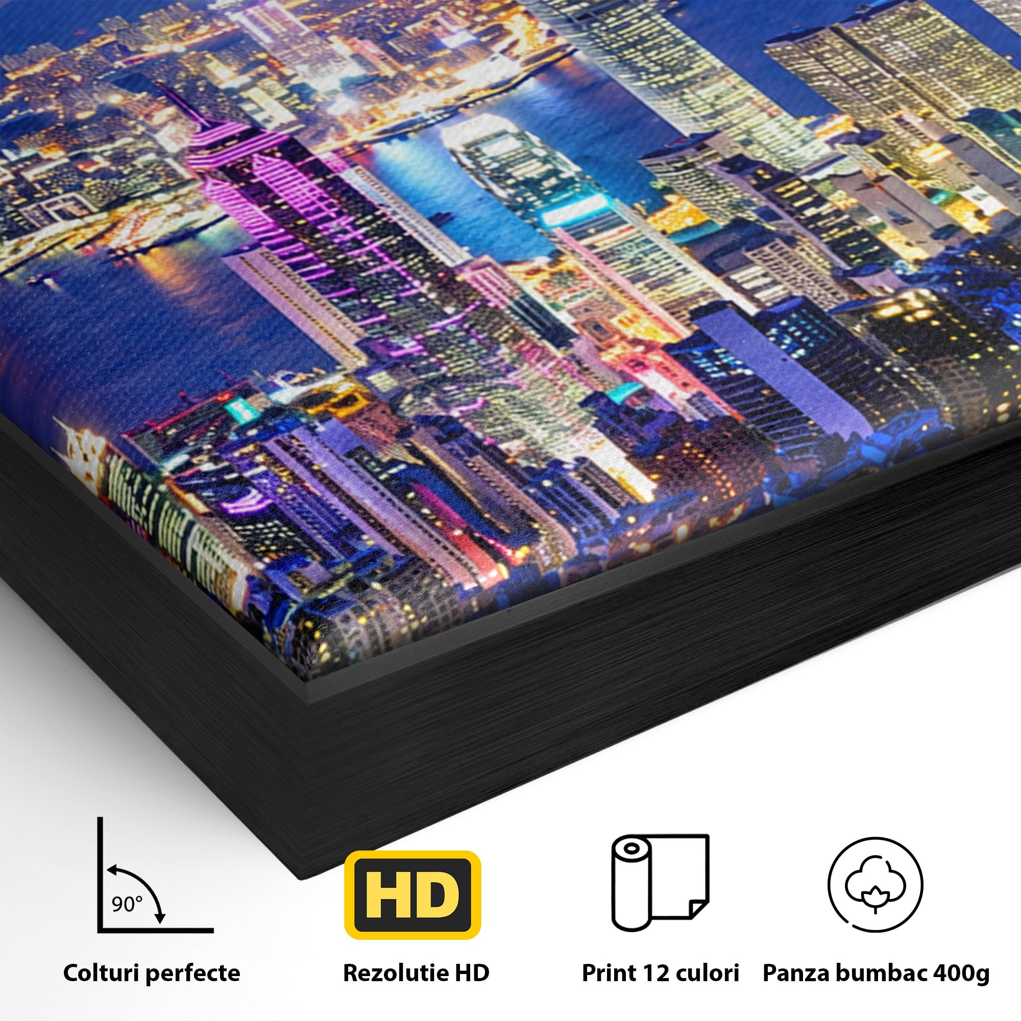 Tablou Canvas Premium LuxCanva® O1073, Oras Nocturn Vibrant, Oras, Noapte, Panorama, Lumini, Living, Birou, Culori Vibrante