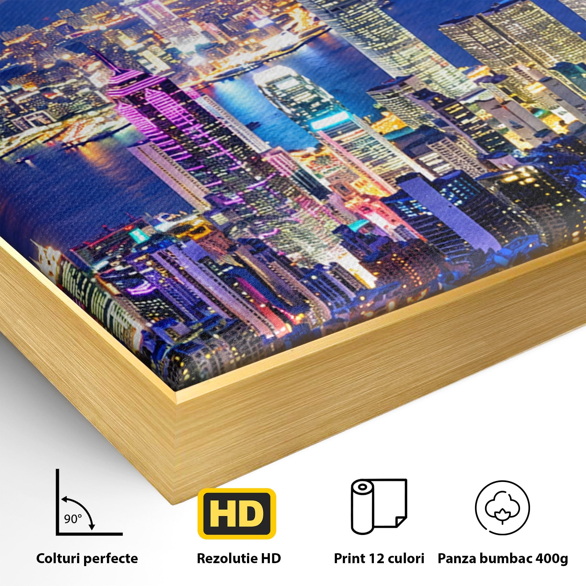 Tablou Canvas Premium LuxCanva® O1073, Oras Nocturn Vibrant, Oras, Noapte, Panorama, Lumini, Living, Birou, Culori Vibrante