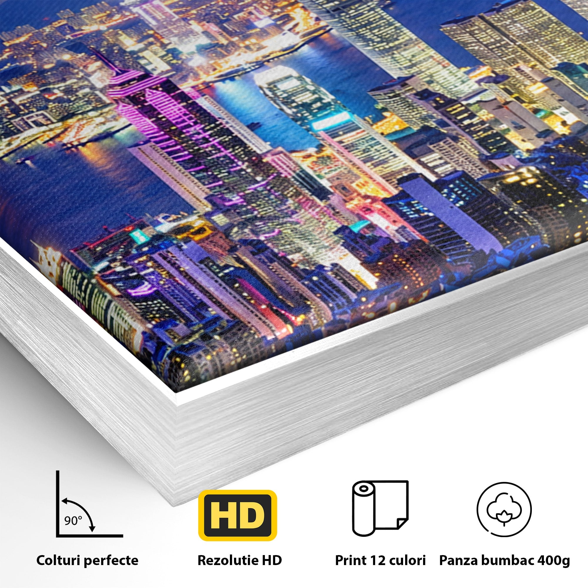 Tablou Canvas Premium LuxCanva® O1073, Oras Nocturn Vibrant, Oras, Noapte, Panorama, Lumini, Living, Birou, Culori Vibrante
