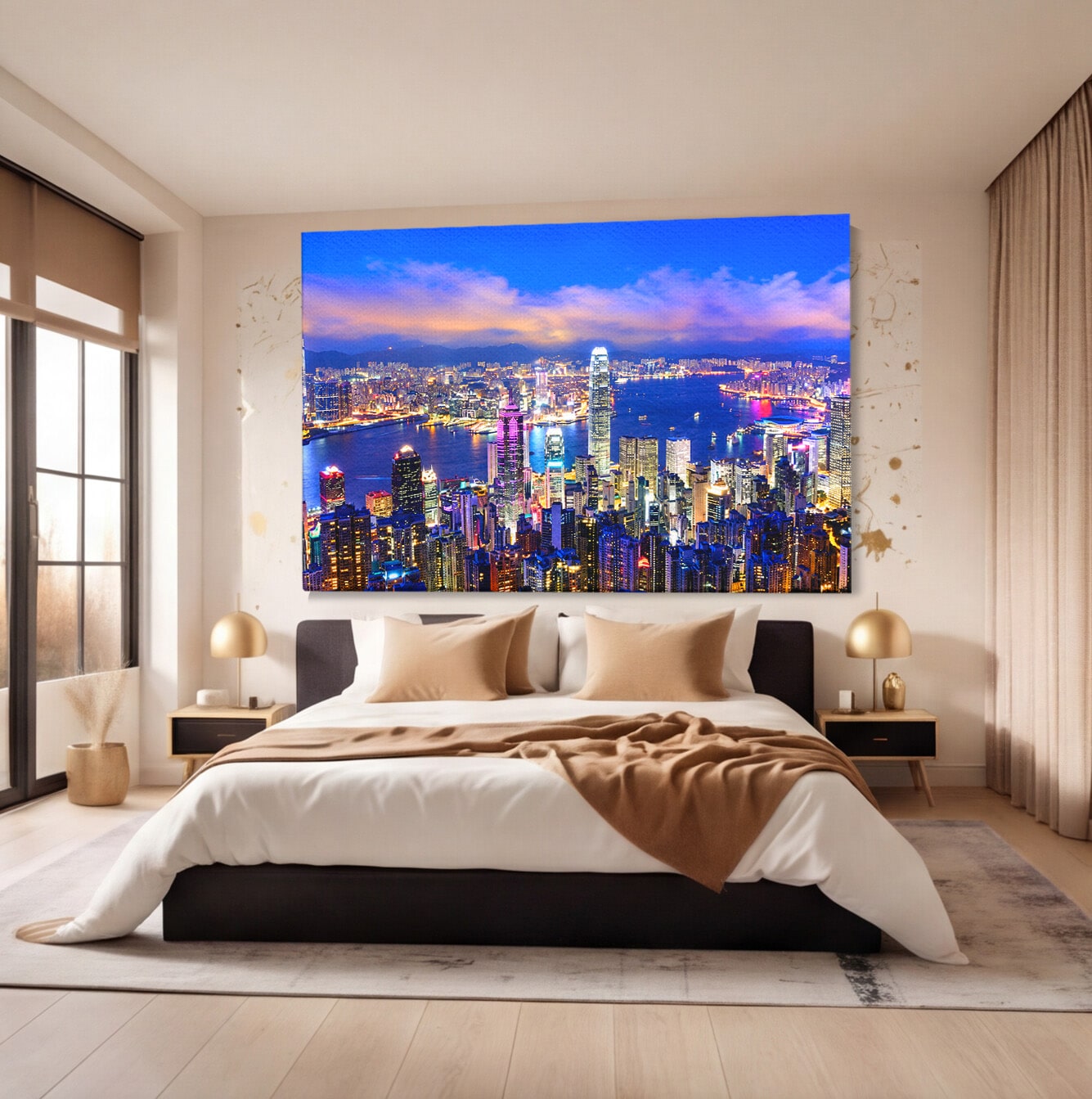 Tablou Canvas Premium LuxCanva® O1073, Oras Nocturn Vibrant, Oras, Noapte, Panorama, Lumini, Living, Birou, Culori Vibrante