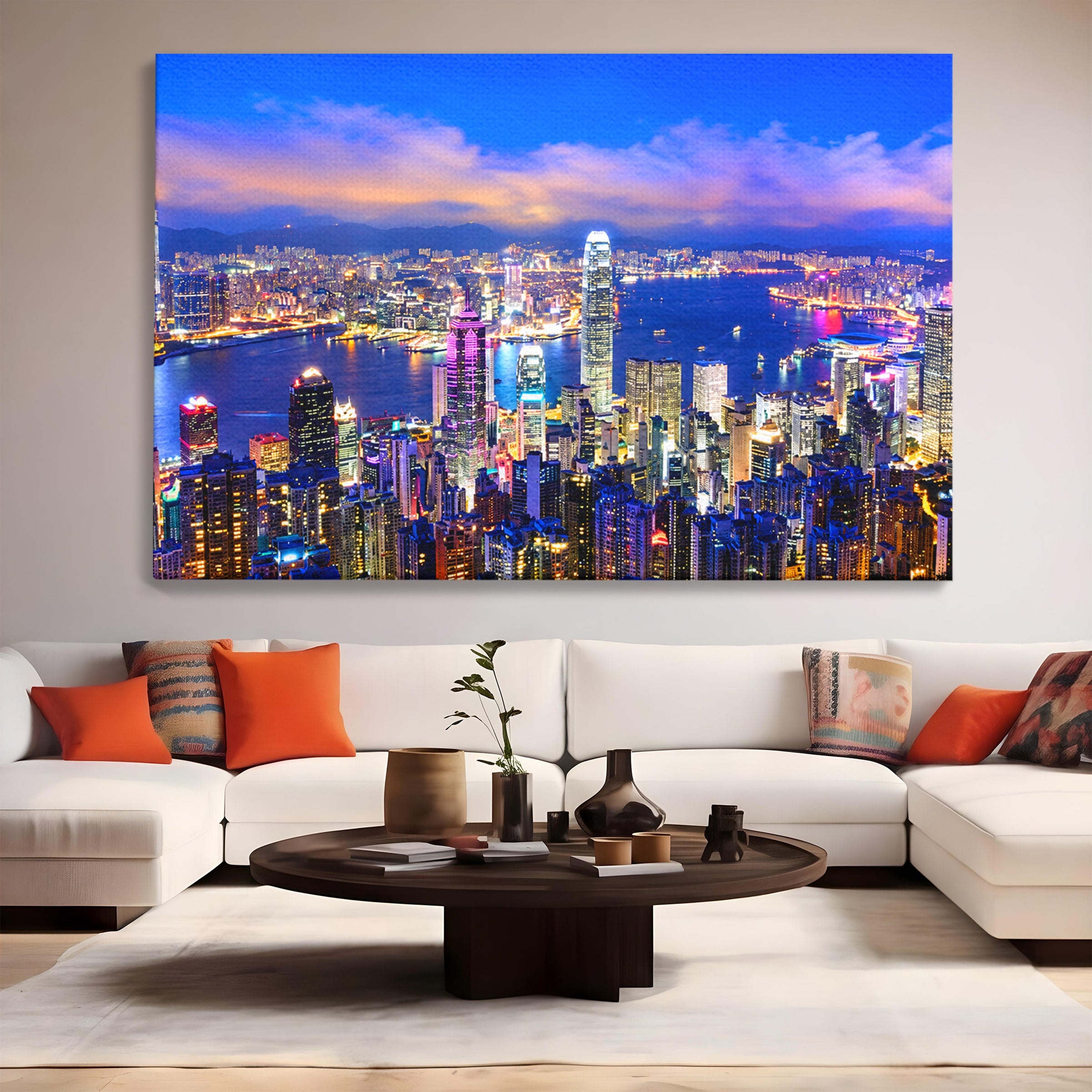 Tablou Canvas Premium LuxCanva® O1073, Oras Nocturn Vibrant, Oras, Noapte, Panorama, Lumini, Living, Birou, Culori Vibrante
