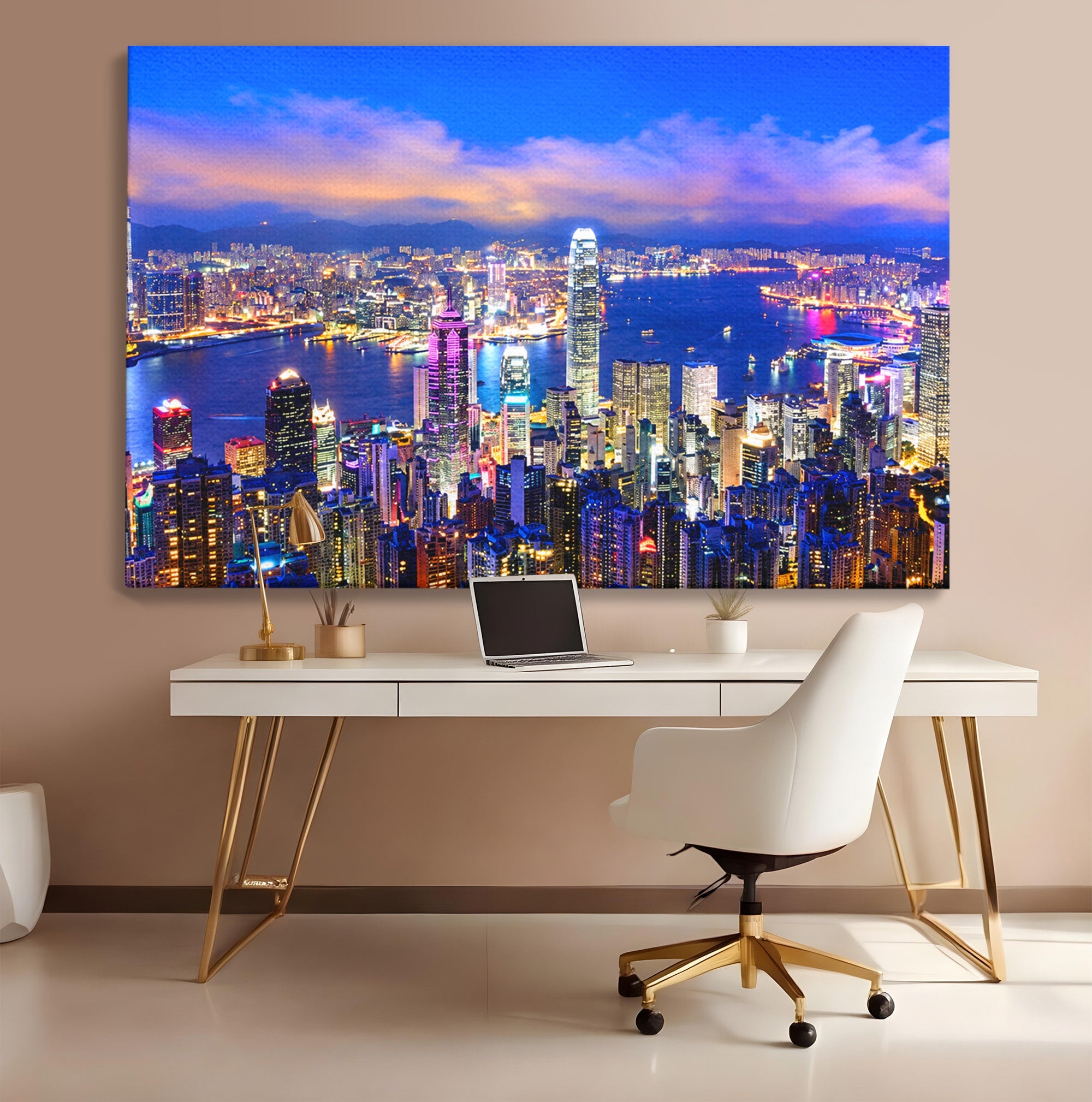 Tablou Canvas Premium LuxCanva® O1073, Oras Nocturn Vibrant, Oras, Noapte, Panorama, Lumini, Living, Birou, Culori Vibrante