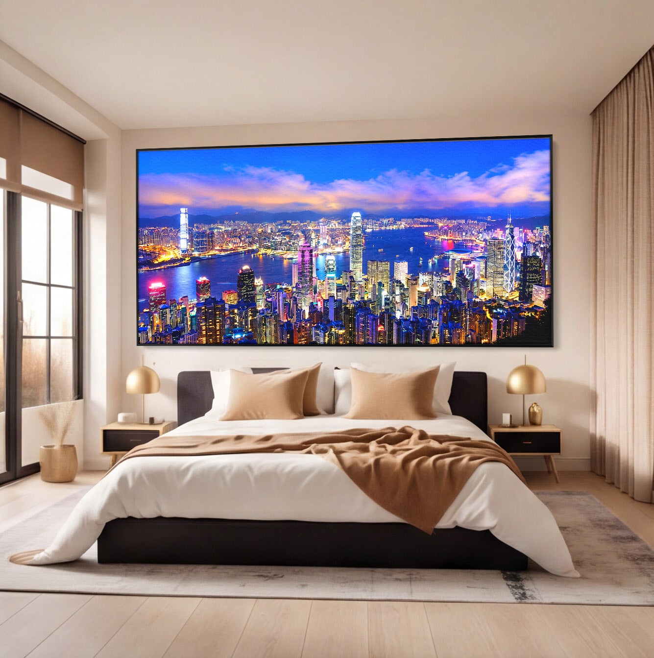 Tablou Canvas Premium LuxCanva® O1073, Oras Nocturn Vibrant, Oras, Noapte, Panorama, Lumini, Living, Birou, Culori Vibrante
