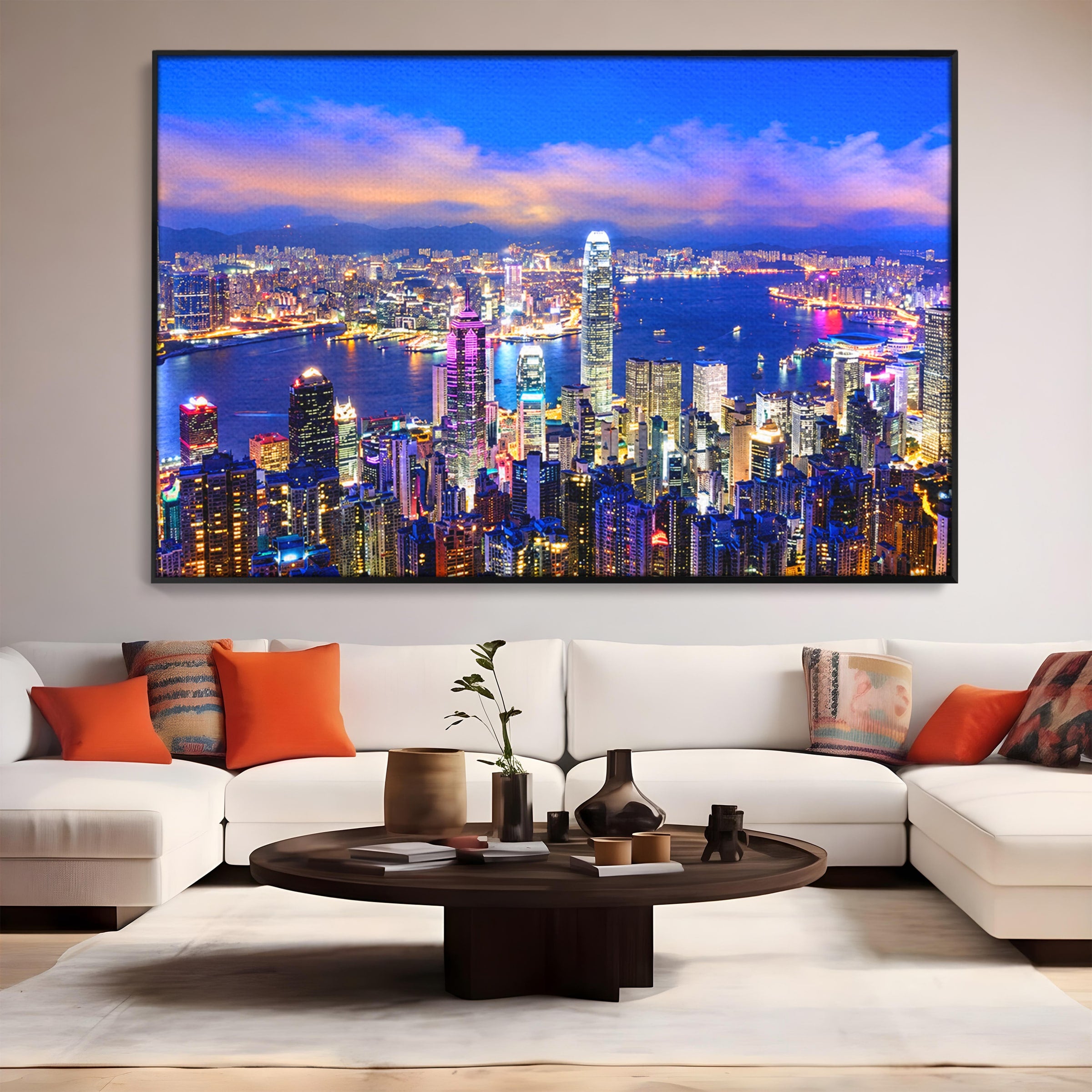 Tablou Canvas Premium LuxCanva® O1073, Oras Nocturn Vibrant, Oras, Noapte, Panorama, Lumini, Living, Birou, Culori Vibrante