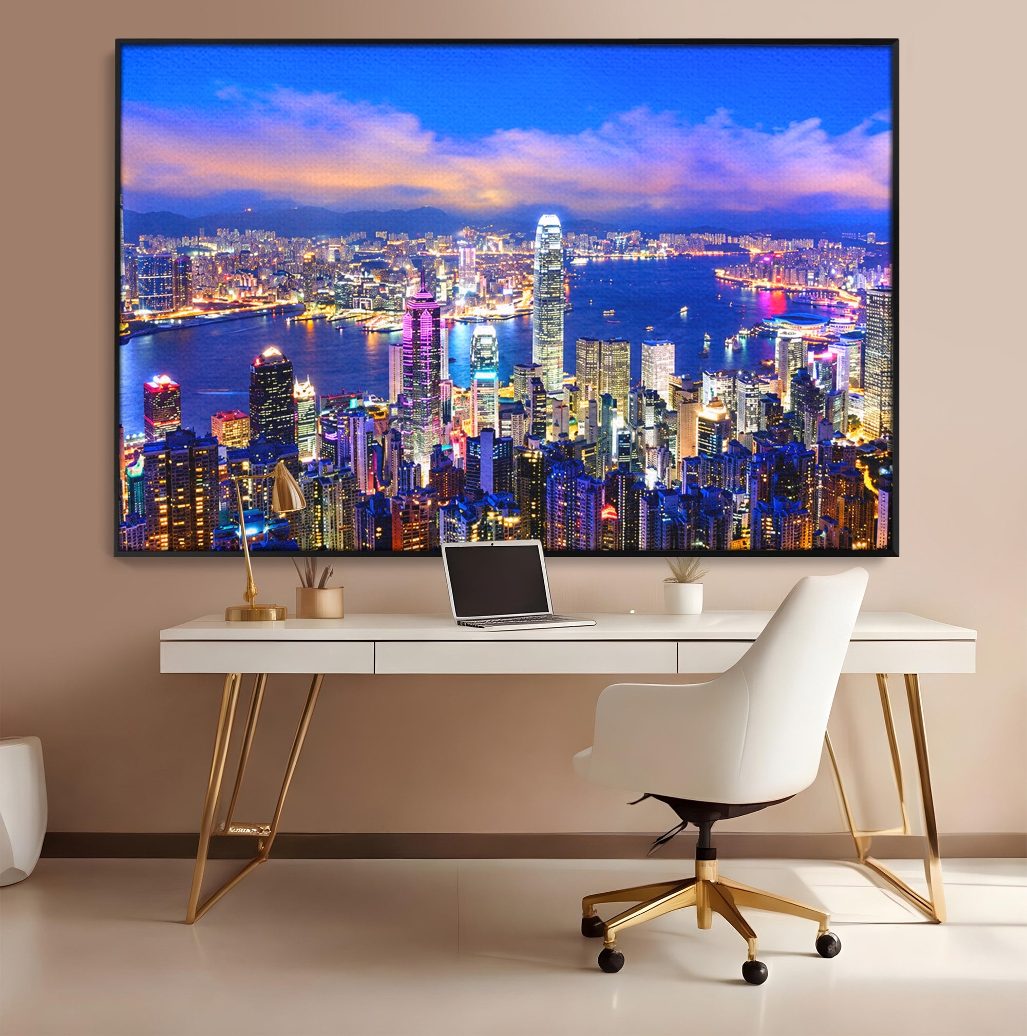 Tablou Canvas Premium LuxCanva® O1073, Oras Nocturn Vibrant, Oras, Noapte, Panorama, Lumini, Living, Birou, Culori Vibrante