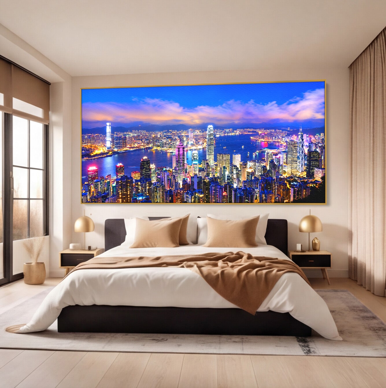 Tablou Canvas Premium LuxCanva® O1073, Oras Nocturn Vibrant, Oras, Noapte, Panorama, Lumini, Living, Birou, Culori Vibrante