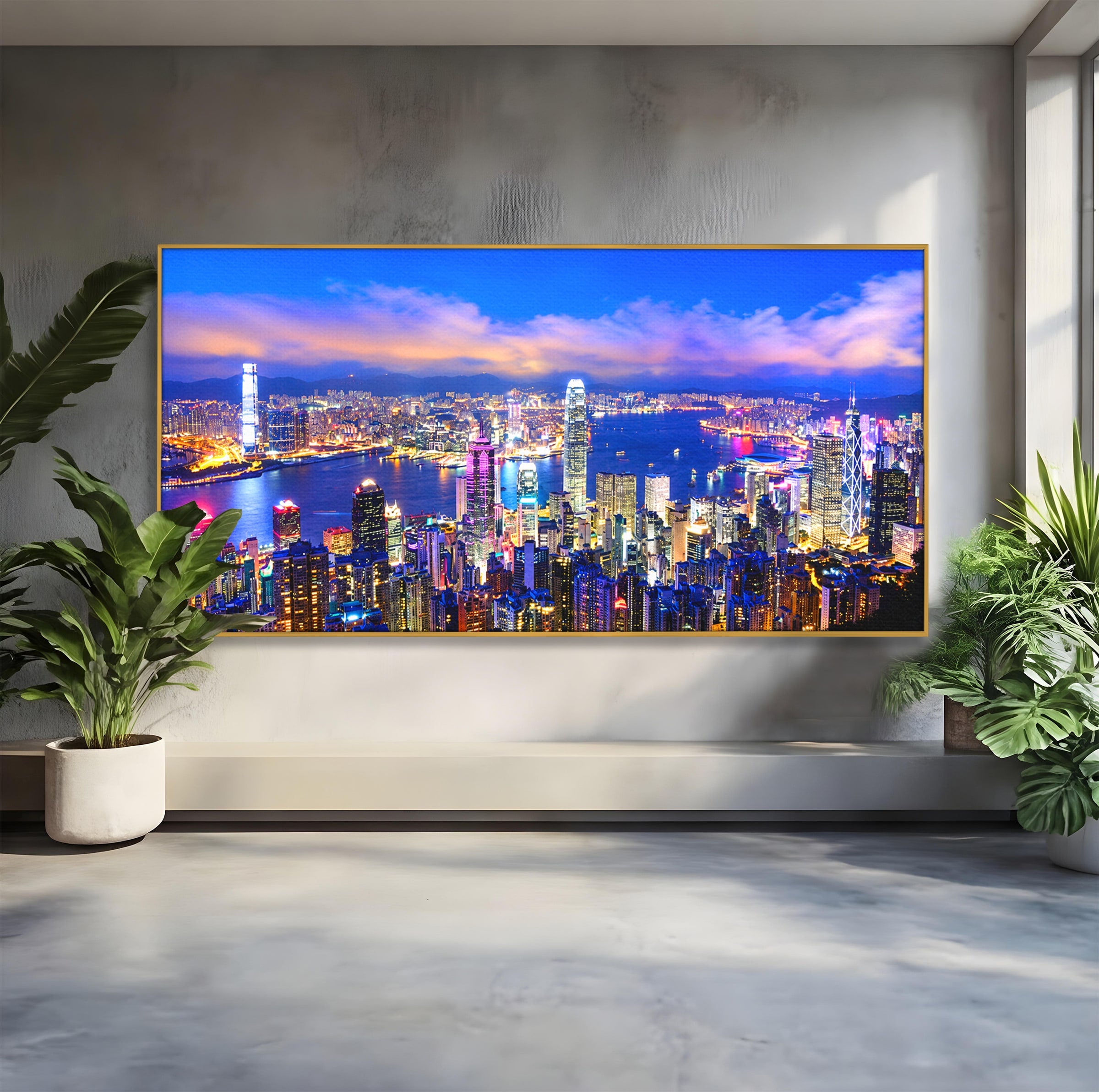Tablou Canvas Premium LuxCanva® O1073, Oras Nocturn Vibrant, Oras, Noapte, Panorama, Lumini, Living, Birou, Culori Vibrante