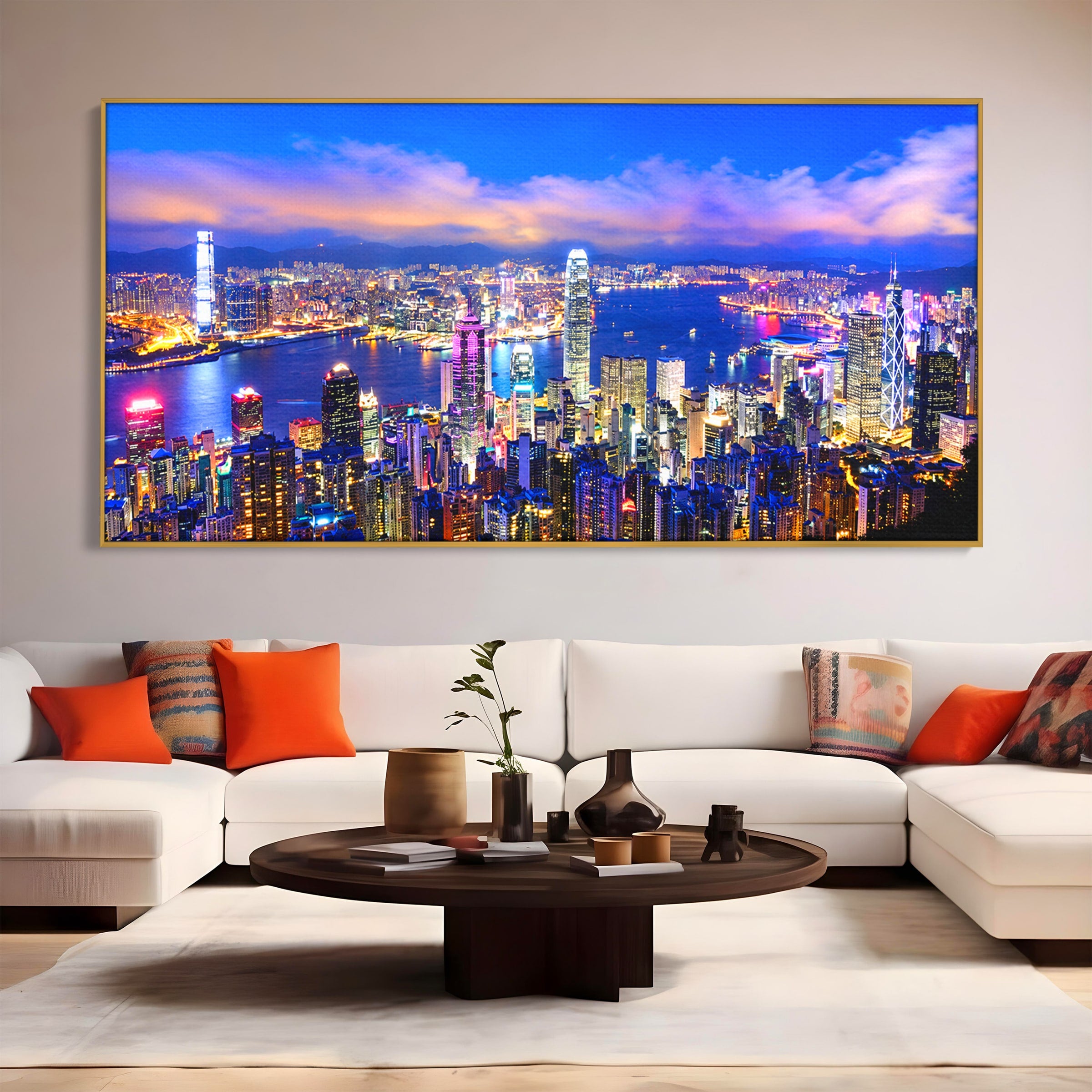 Tablou Canvas Premium LuxCanva® O1073, Oras Nocturn Vibrant, Oras, Noapte, Panorama, Lumini, Living, Birou, Culori Vibrante
