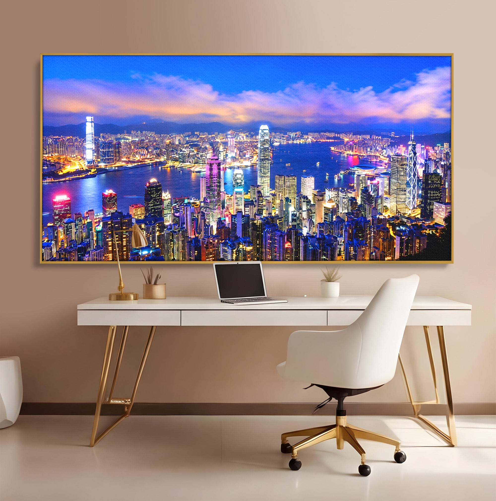 Tablou Canvas Premium LuxCanva® O1073, Oras Nocturn Vibrant, Oras, Noapte, Panorama, Lumini, Living, Birou, Culori Vibrante