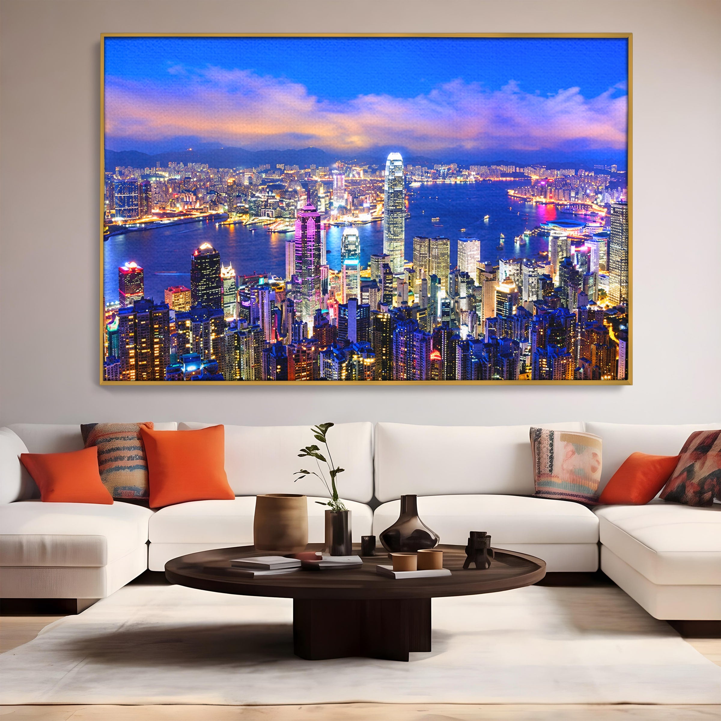 Tablou Canvas Premium LuxCanva® O1073, Oras Nocturn Vibrant, Oras, Noapte, Panorama, Lumini, Living, Birou, Culori Vibrante