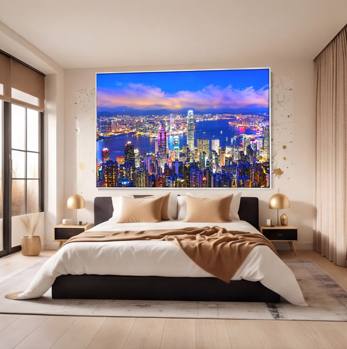 Tablou Canvas Premium LuxCanva® O1073, Oras Nocturn Vibrant, Oras, Noapte, Panorama, Lumini, Living, Birou, Culori Vibrante