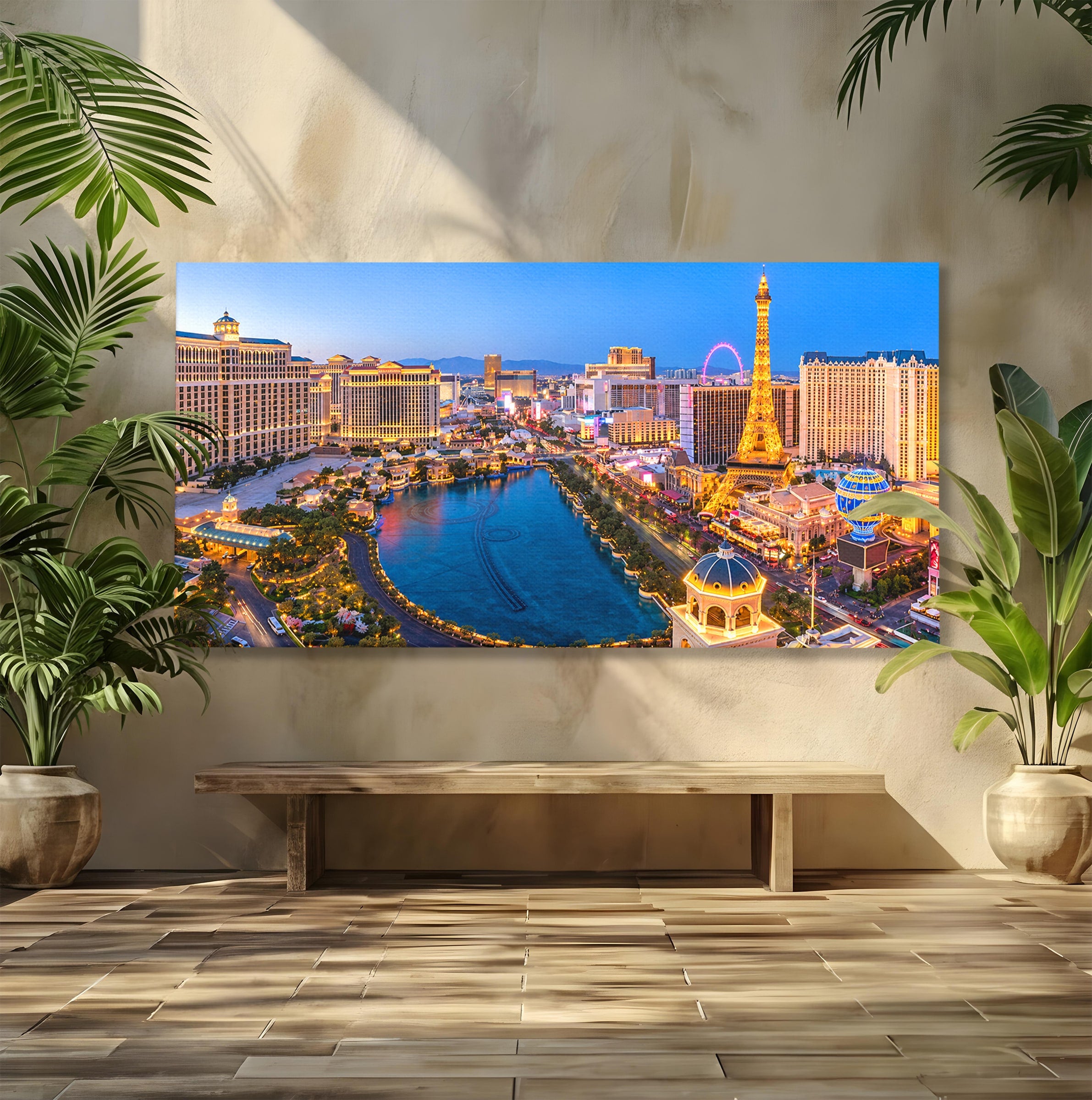 Tablou Canvas Premium LuxCanva® O1074, Panorama Las Vegas, Las Vegas, Oras, Peisaj Urban, Luminat, Seara, Living, Birou, Culori Vibrante