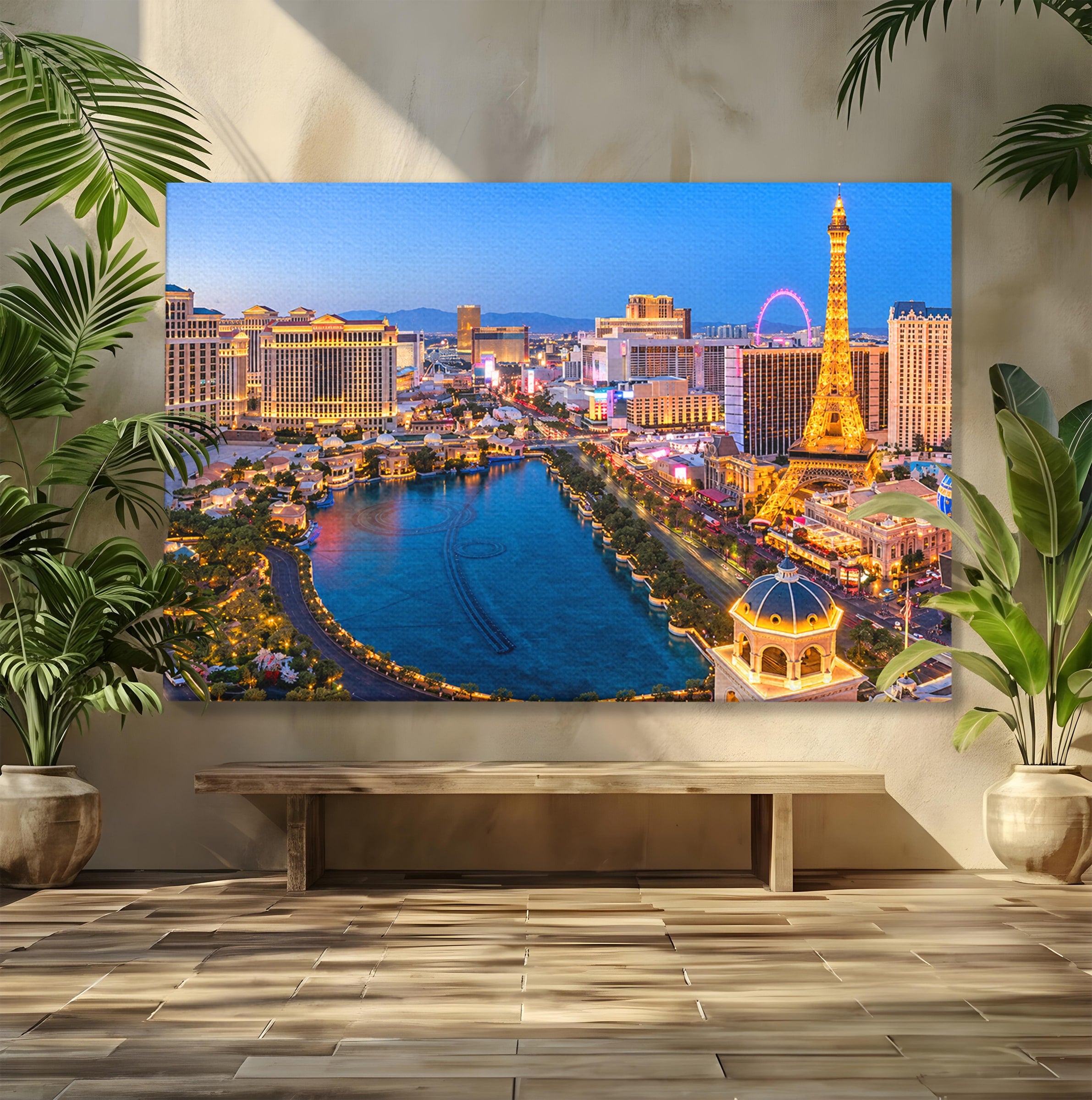 Tablou Canvas Premium LuxCanva® O1074, Panorama Las Vegas, Las Vegas, Oras, Peisaj Urban, Luminat, Seara, Living, Birou, Culori Vibrante