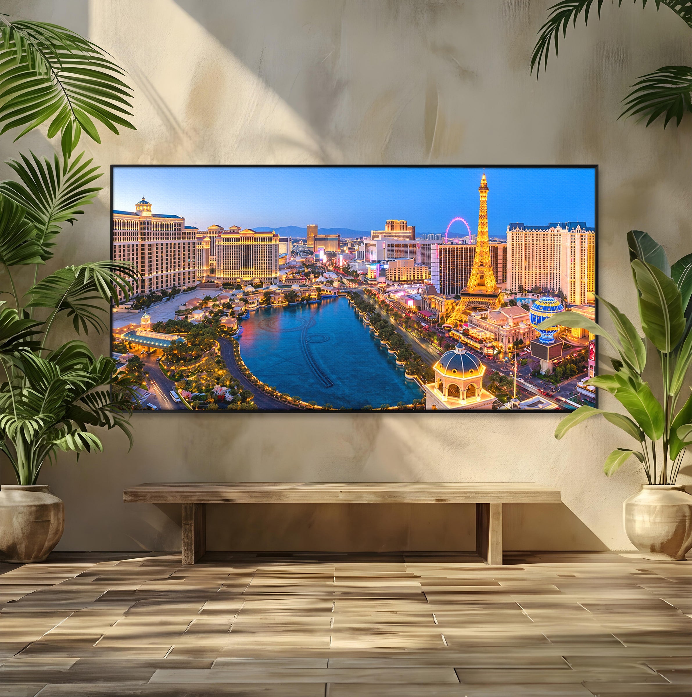 Tablou Canvas Premium LuxCanva® O1074, Panorama Las Vegas, Las Vegas, Oras, Peisaj Urban, Luminat, Seara, Living, Birou, Culori Vibrante