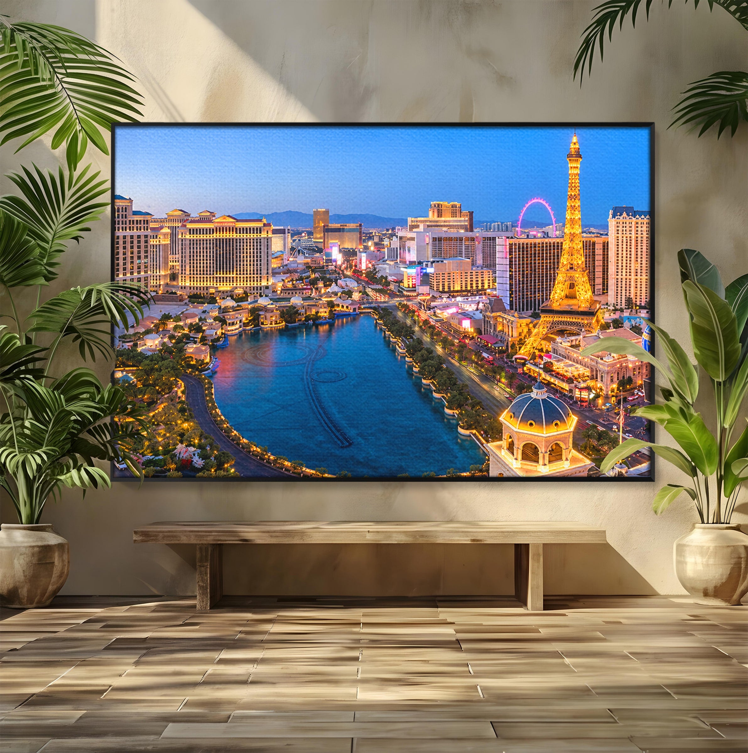 Tablou Canvas Premium LuxCanva® O1074, Panorama Las Vegas, Las Vegas, Oras, Peisaj Urban, Luminat, Seara, Living, Birou, Culori Vibrante