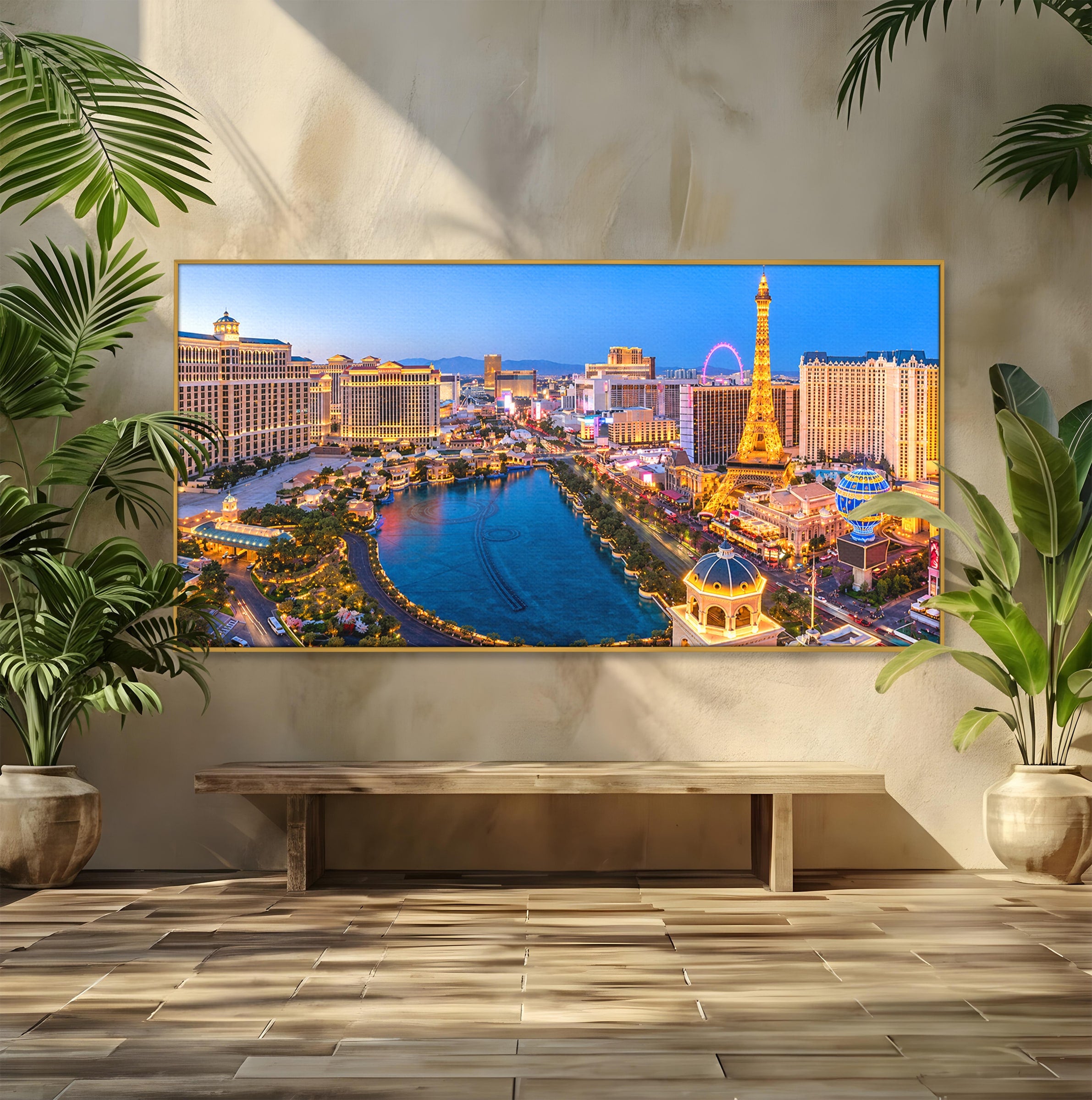 Tablou Canvas Premium LuxCanva® O1074, Panorama Las Vegas, Las Vegas, Oras, Peisaj Urban, Luminat, Seara, Living, Birou, Culori Vibrante