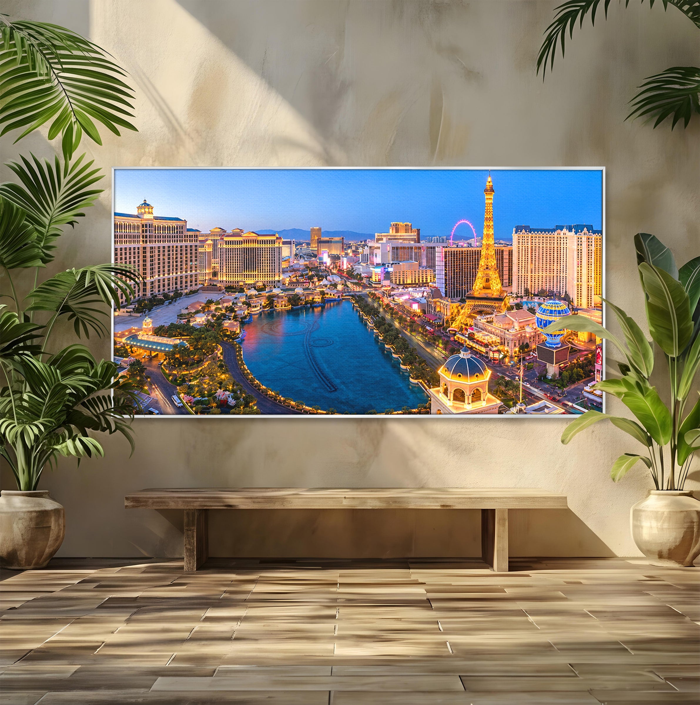 Tablou Canvas Premium LuxCanva® O1074, Panorama Las Vegas, Las Vegas, Oras, Peisaj Urban, Luminat, Seara, Living, Birou, Culori Vibrante