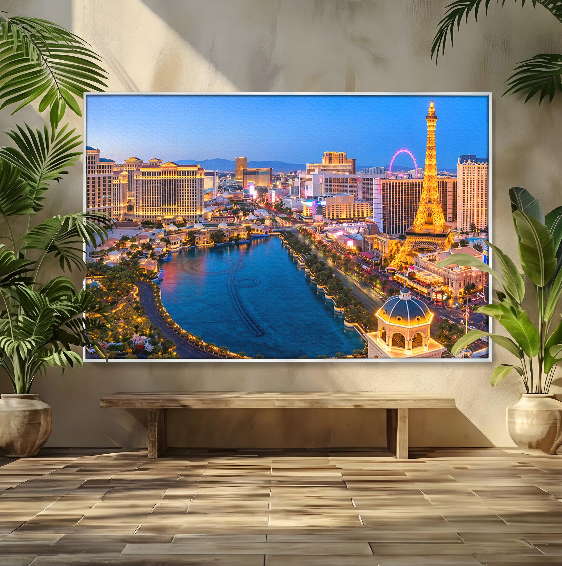 Tablou Canvas Premium LuxCanva® O1074, Panorama Las Vegas, Las Vegas, Oras, Peisaj Urban, Luminat, Seara, Living, Birou, Culori Vibrante