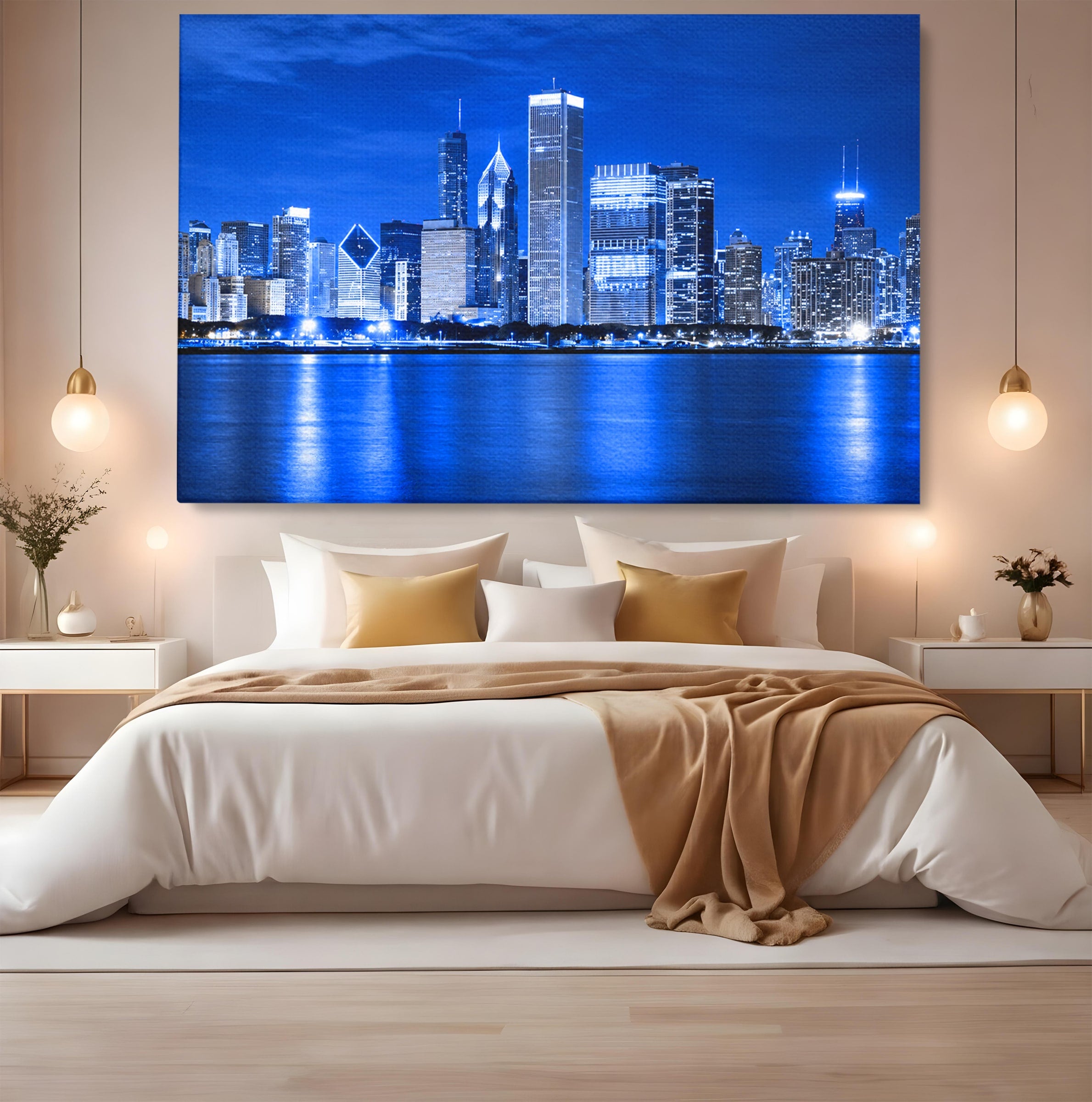 Tablou Canvas Premium LuxCanva® O1075, Oras Nocturn, Oras, Noapte, Peisaj Urban, Reflectii, Birou, Living, Culori Vibrante