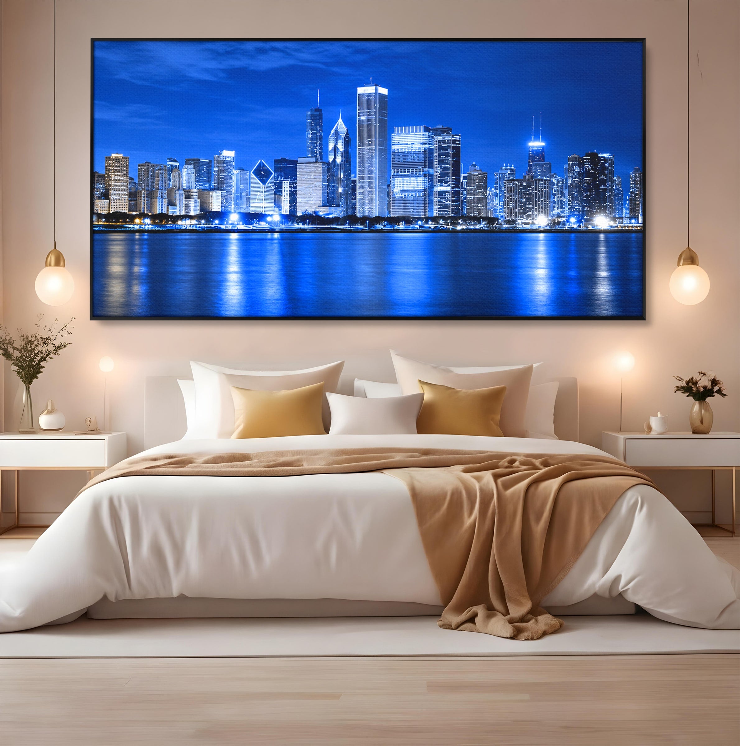 Tablou Canvas Premium LuxCanva® O1075, Oras Nocturn, Oras, Noapte, Peisaj Urban, Reflectii, Birou, Living, Culori Vibrante