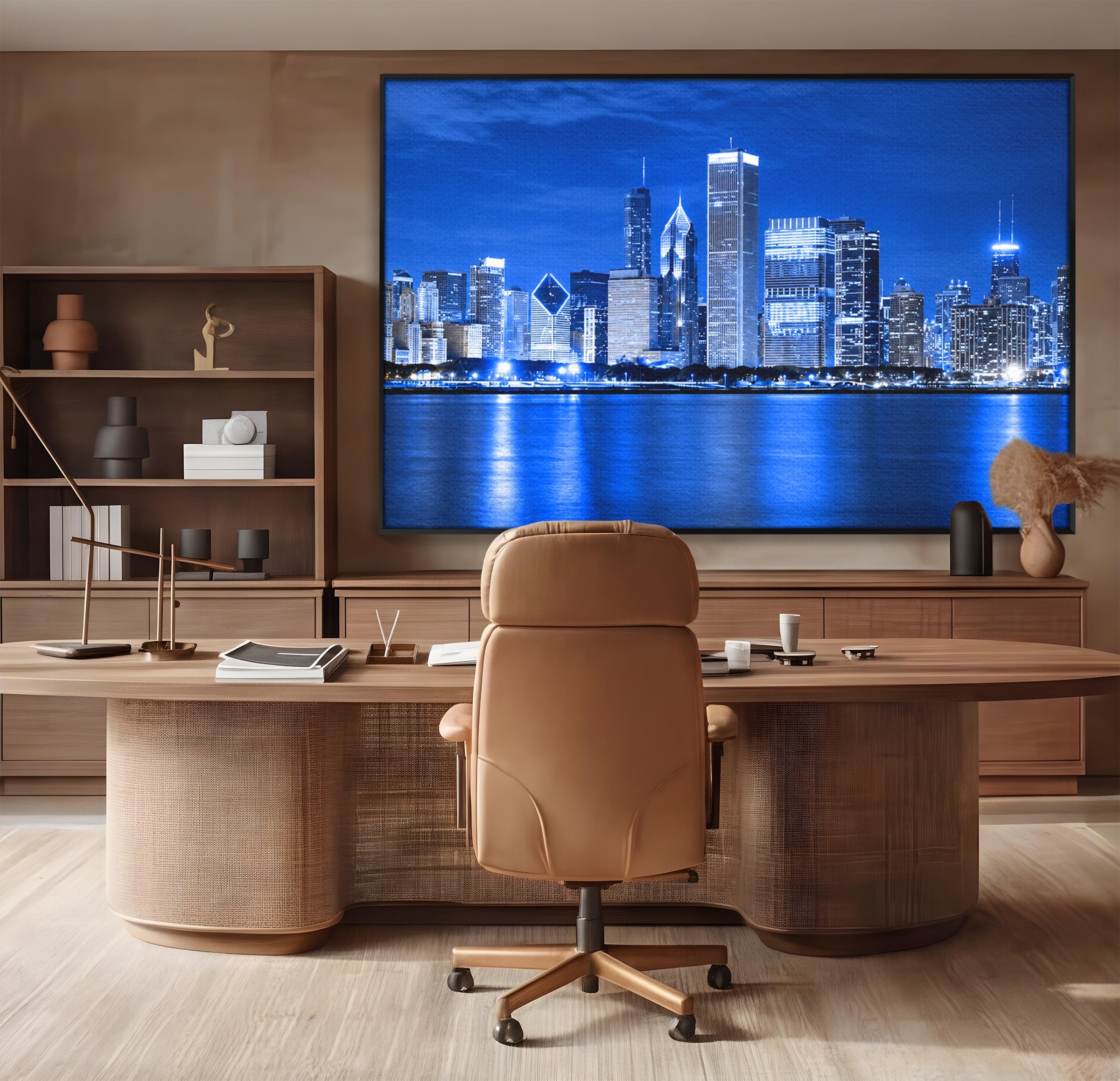 Tablou Canvas Premium LuxCanva® O1075, Oras Nocturn, Oras, Noapte, Peisaj Urban, Reflectii, Birou, Living, Culori Vibrante