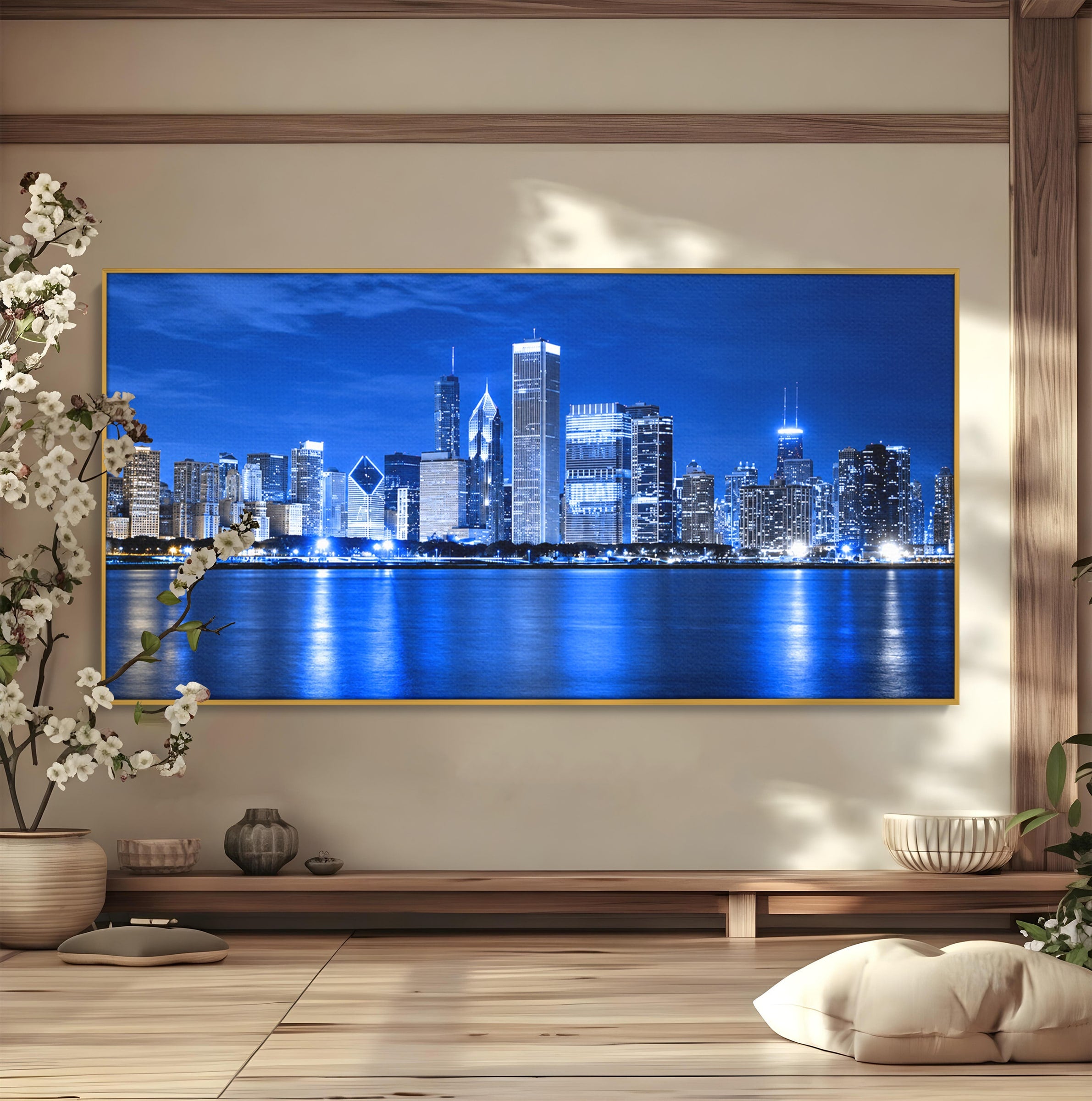 Tablou Canvas Premium LuxCanva® O1075, Oras Nocturn, Oras, Noapte, Peisaj Urban, Reflectii, Birou, Living, Culori Vibrante