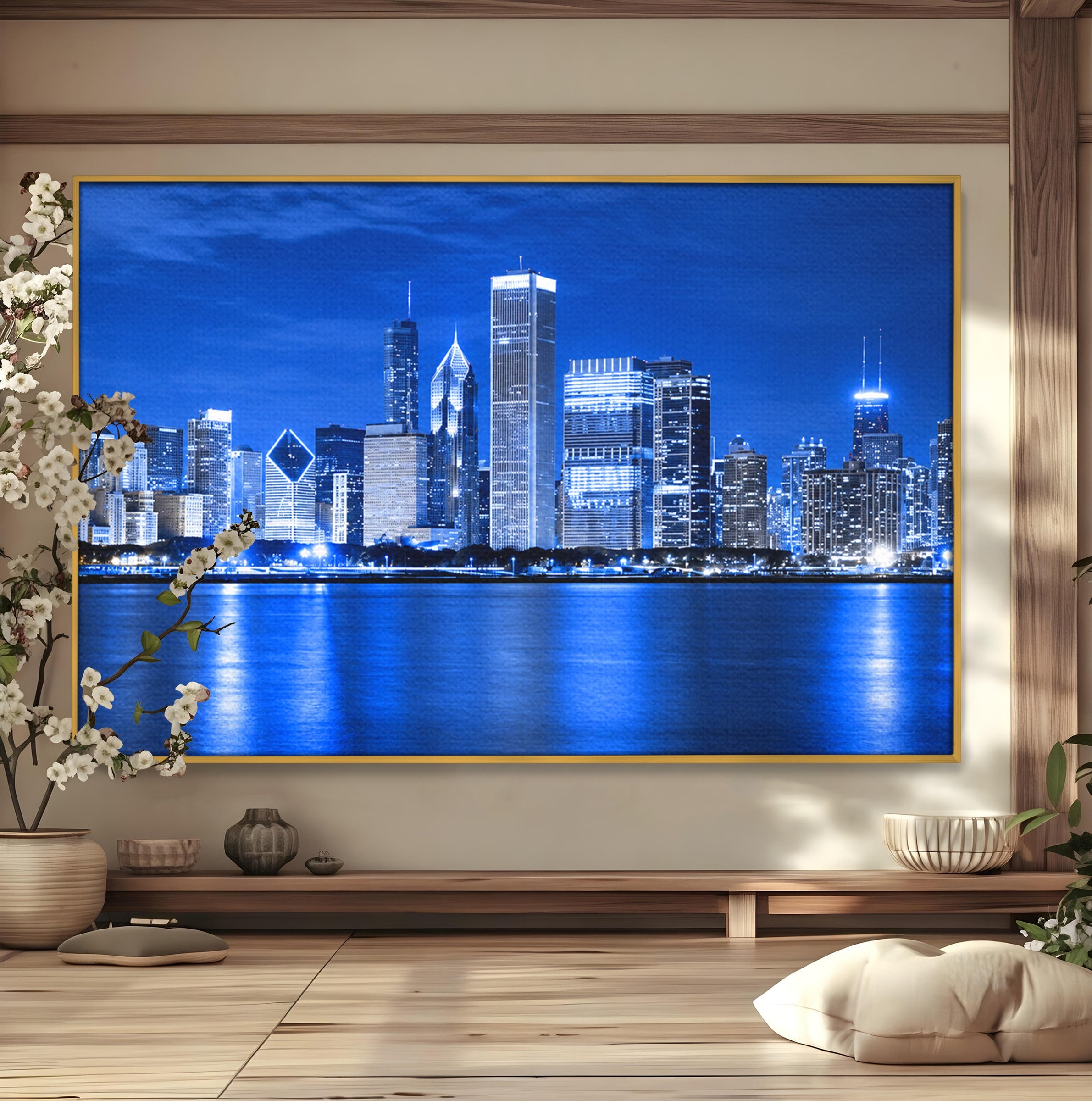 Tablou Canvas Premium LuxCanva® O1075, Oras Nocturn, Oras, Noapte, Peisaj Urban, Reflectii, Birou, Living, Culori Vibrante