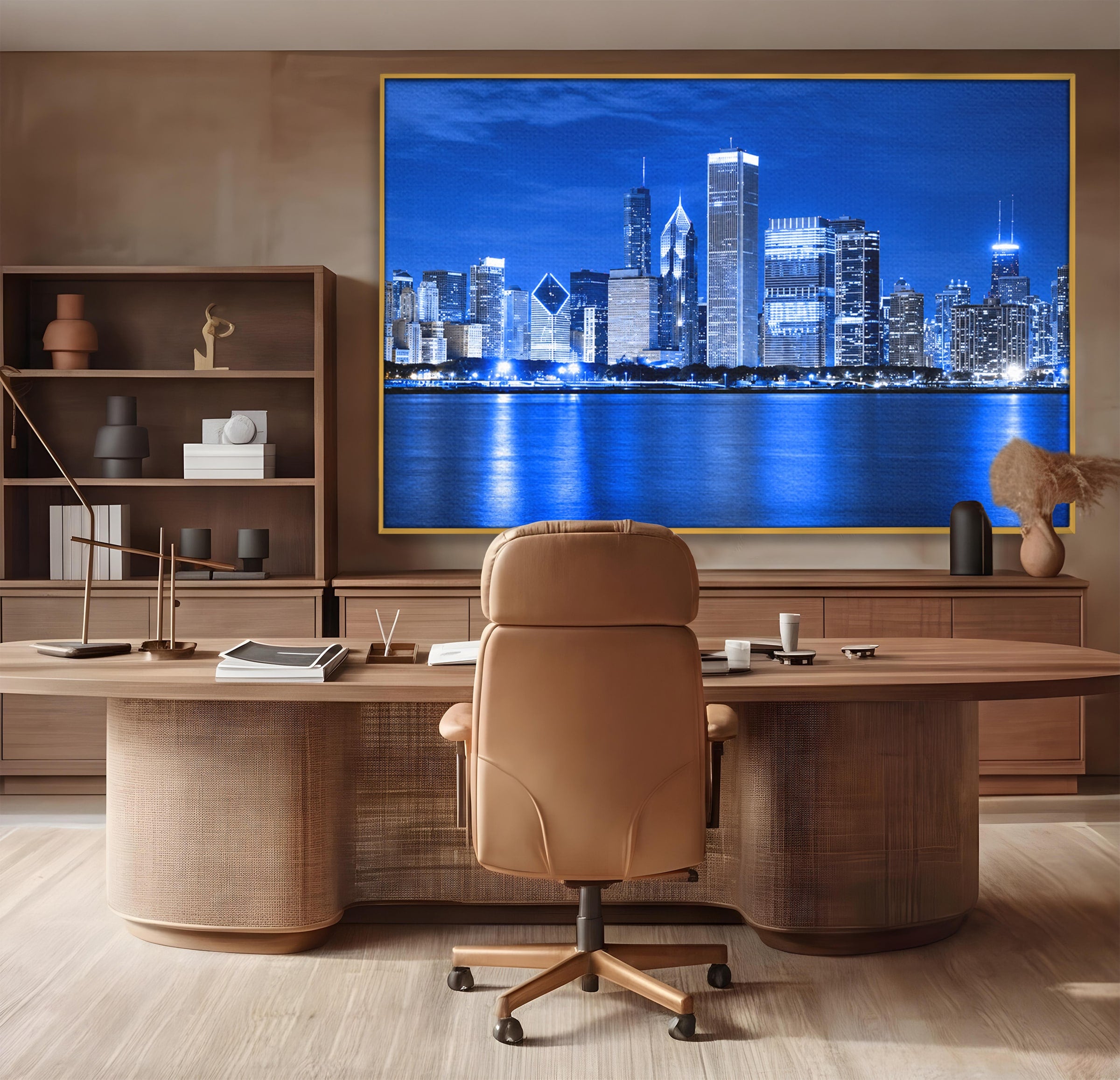 Tablou Canvas Premium LuxCanva® O1075, Oras Nocturn, Oras, Noapte, Peisaj Urban, Reflectii, Birou, Living, Culori Vibrante