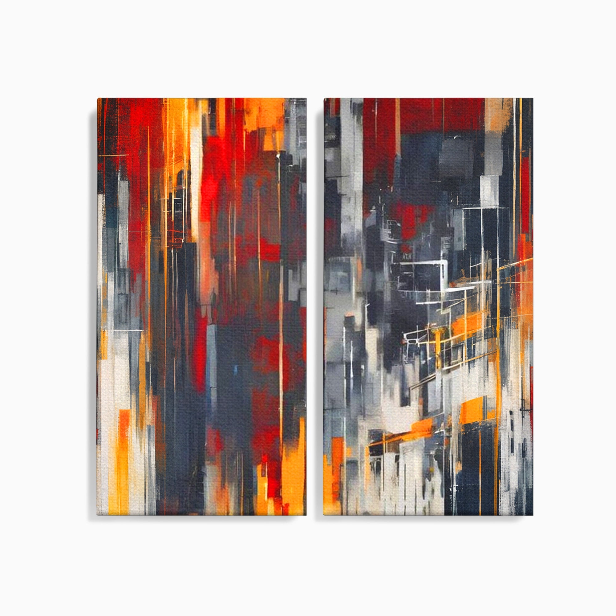 Set 2 Tablouri Canvas Premium LuxCanva® O2-1025, Fragmente de Infinit, Foc, Tacere, Adanc, Ecou, Timp, Destin, Ziduri, Labirint, Ardere, Fracturi, Apus, Umbre, Oras, Geometrii, Birou, Living, Dormitor