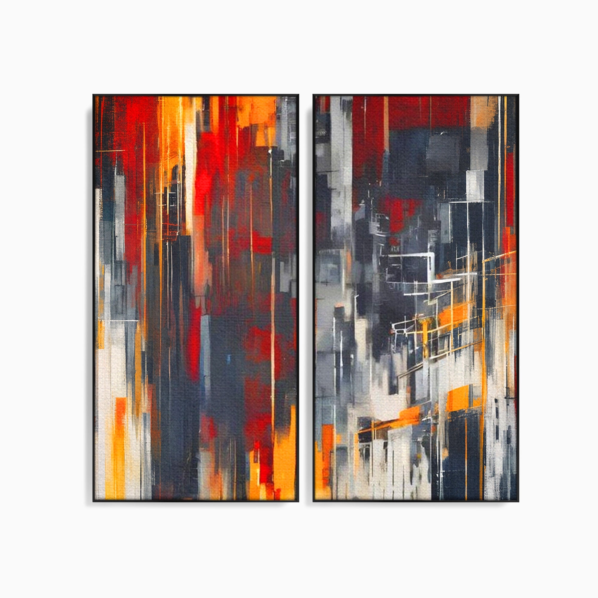 Set 2 Tablouri Canvas Premium LuxCanva® O2-1025, Fragmente de Infinit, Foc, Tacere, Adanc, Ecou, Timp, Destin, Ziduri, Labirint, Ardere, Fracturi, Apus, Umbre, Oras, Geometrii, Birou, Living, Dormitor