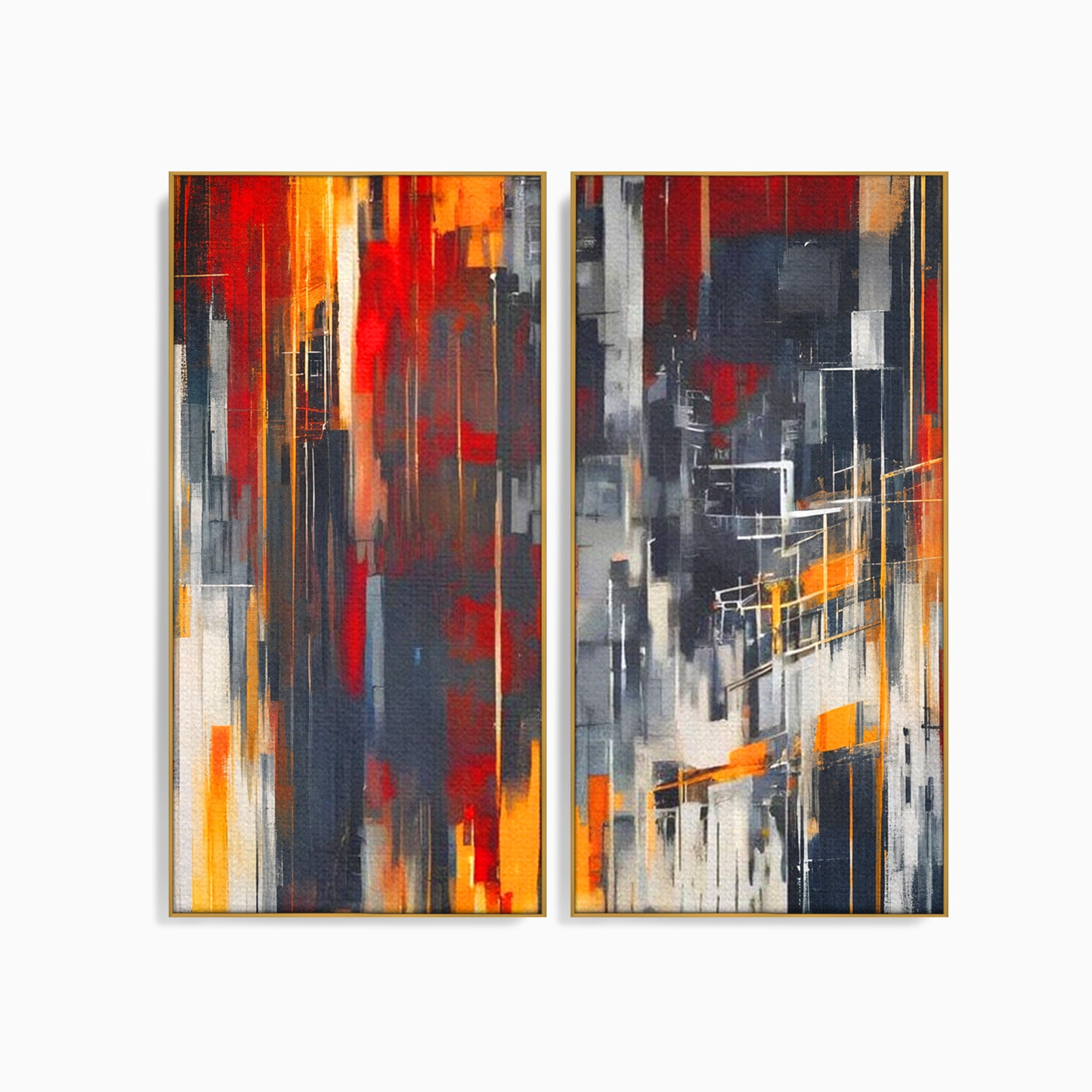 Set 2 Tablouri Canvas Premium LuxCanva® O2-1025, Fragmente de Infinit, Foc, Tacere, Adanc, Ecou, Timp, Destin, Ziduri, Labirint, Ardere, Fracturi, Apus, Umbre, Oras, Geometrii, Birou, Living, Dormitor