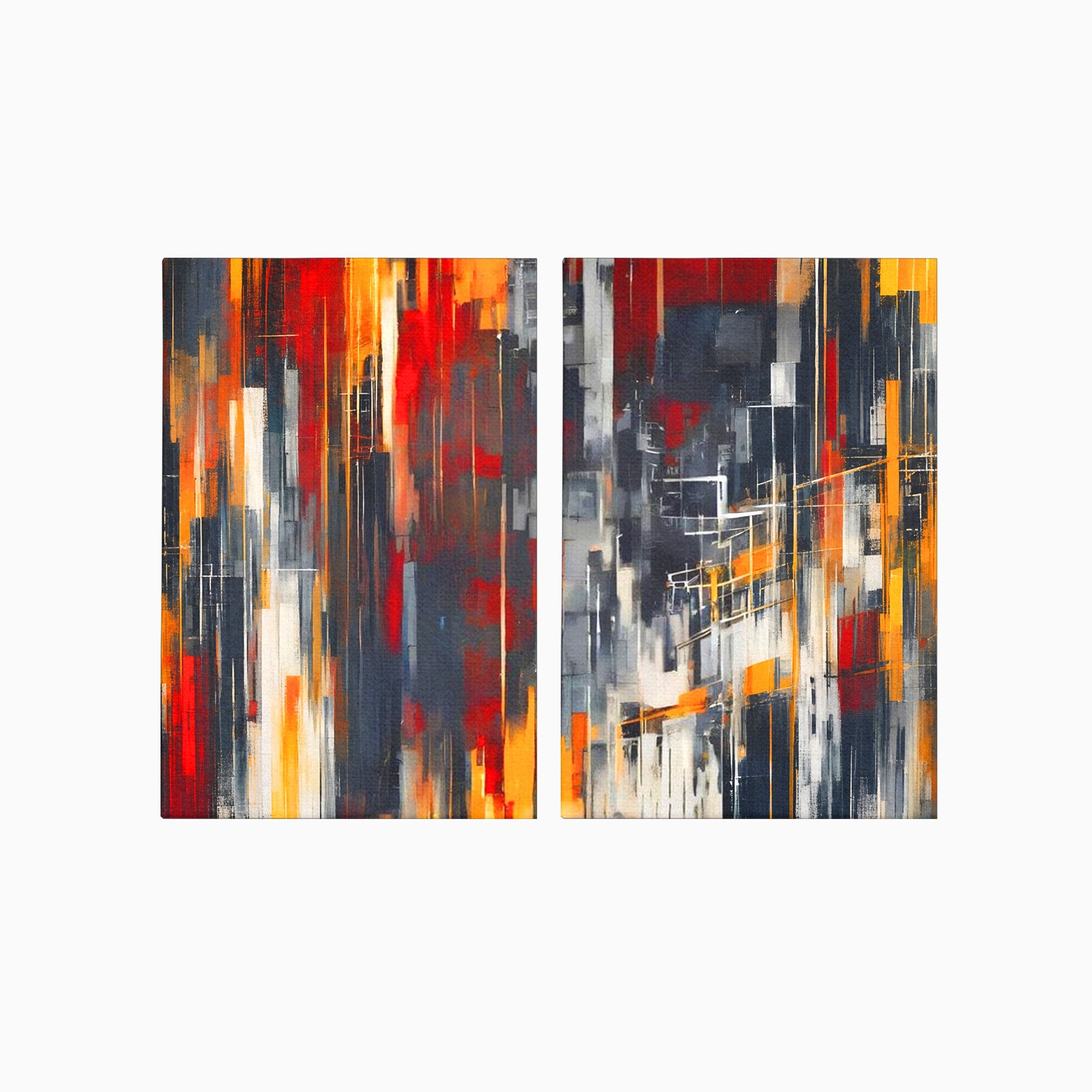 Set 2 Tablouri Canvas Premium LuxCanva® O2-1025, Fragmente de Infinit, Foc, Tacere, Adanc, Ecou, Timp, Destin, Ziduri, Labirint, Ardere, Fracturi, Apus, Umbre, Oras, Geometrii, Birou, Living, Dormitor