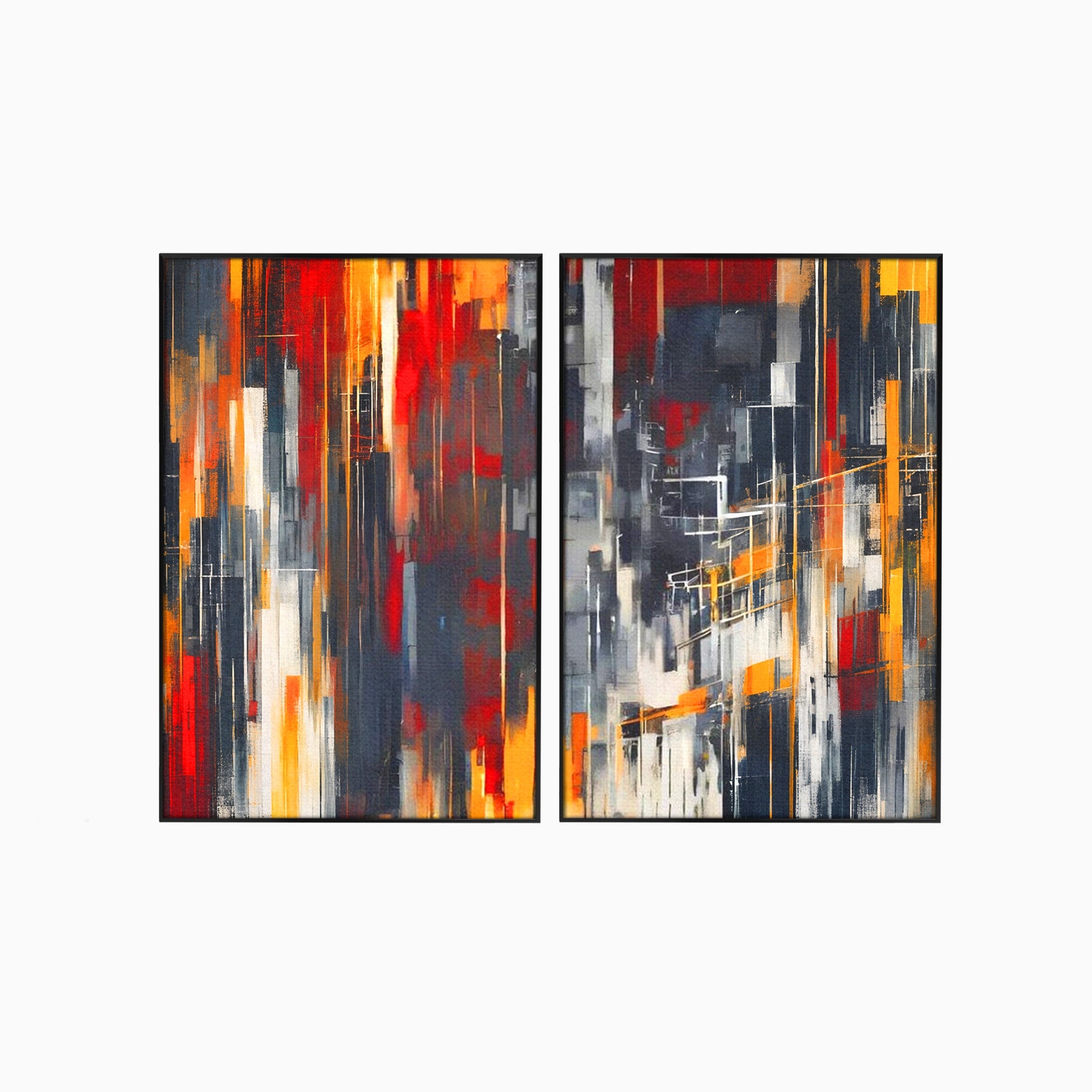 Set 2 Tablouri Canvas Premium LuxCanva® O2-1025, Fragmente de Infinit, Foc, Tacere, Adanc, Ecou, Timp, Destin, Ziduri, Labirint, Ardere, Fracturi, Apus, Umbre, Oras, Geometrii, Birou, Living, Dormitor