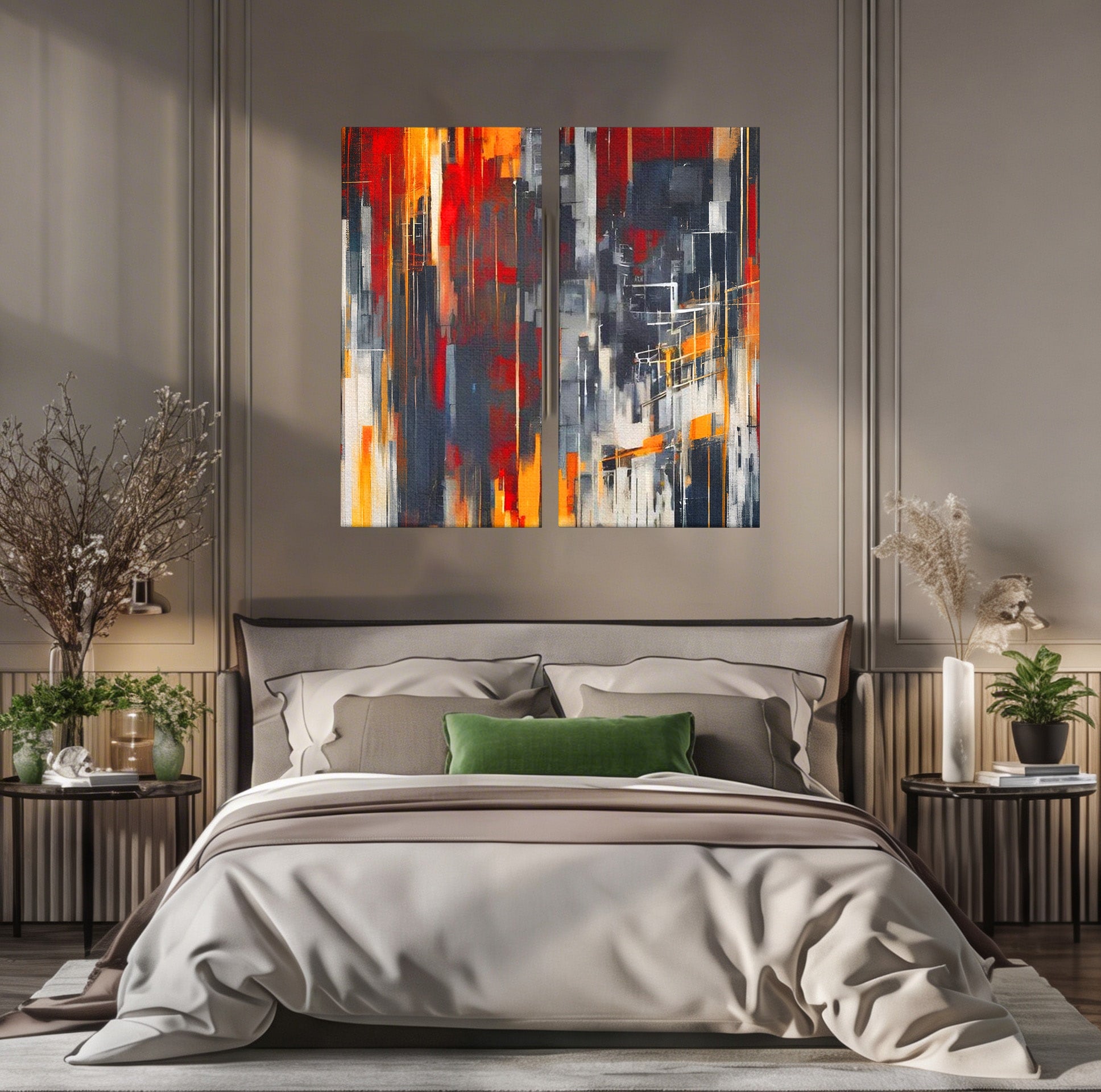 Set 2 Tablouri Canvas Premium LuxCanva® O2-1025, Fragmente de Infinit, Foc, Tacere, Adanc, Ecou, Timp, Destin, Ziduri, Labirint, Ardere, Fracturi, Apus, Umbre, Oras, Geometrii, Birou, Living, Dormitor