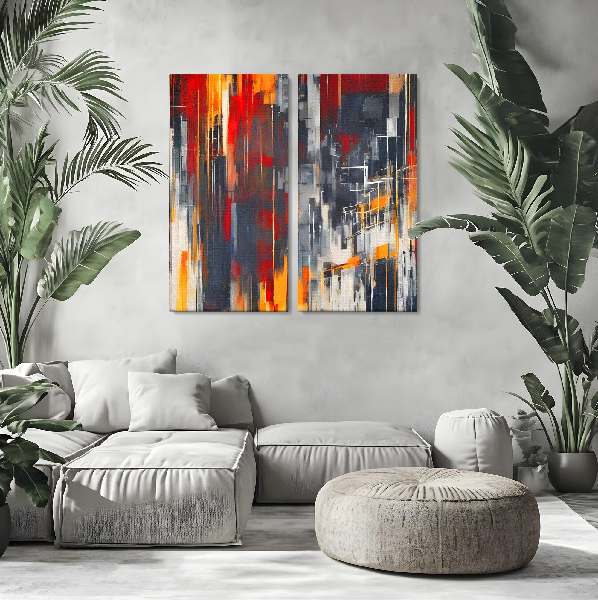 Set 2 Tablouri Canvas Premium LuxCanva® O2-1025, Fragmente de Infinit, Foc, Tacere, Adanc, Ecou, Timp, Destin, Ziduri, Labirint, Ardere, Fracturi, Apus, Umbre, Oras, Geometrii, Birou, Living, Dormitor