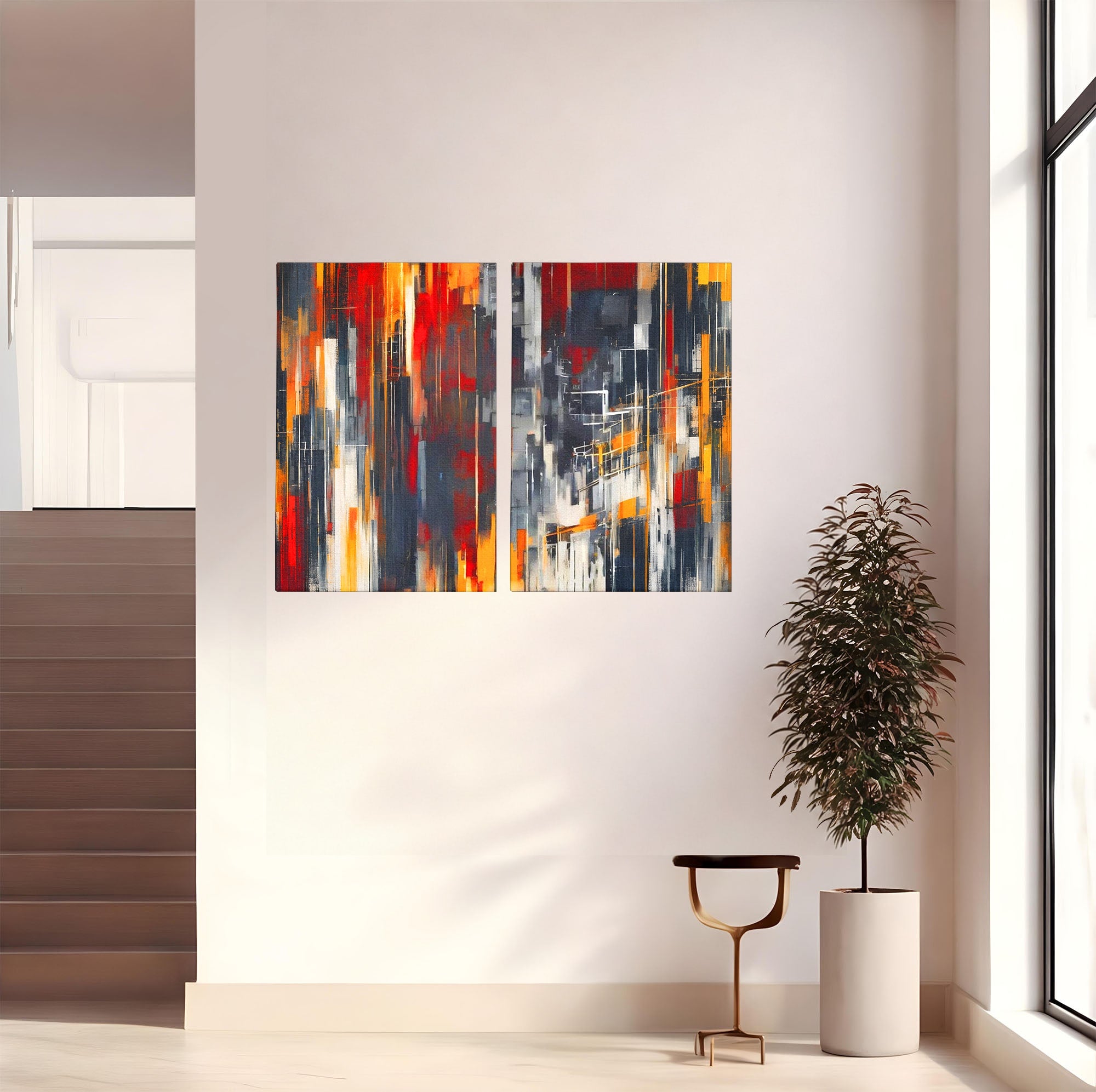 Set 2 Tablouri Canvas Premium LuxCanva® O2-1025, Fragmente de Infinit, Foc, Tacere, Adanc, Ecou, Timp, Destin, Ziduri, Labirint, Ardere, Fracturi, Apus, Umbre, Oras, Geometrii, Birou, Living, Dormitor