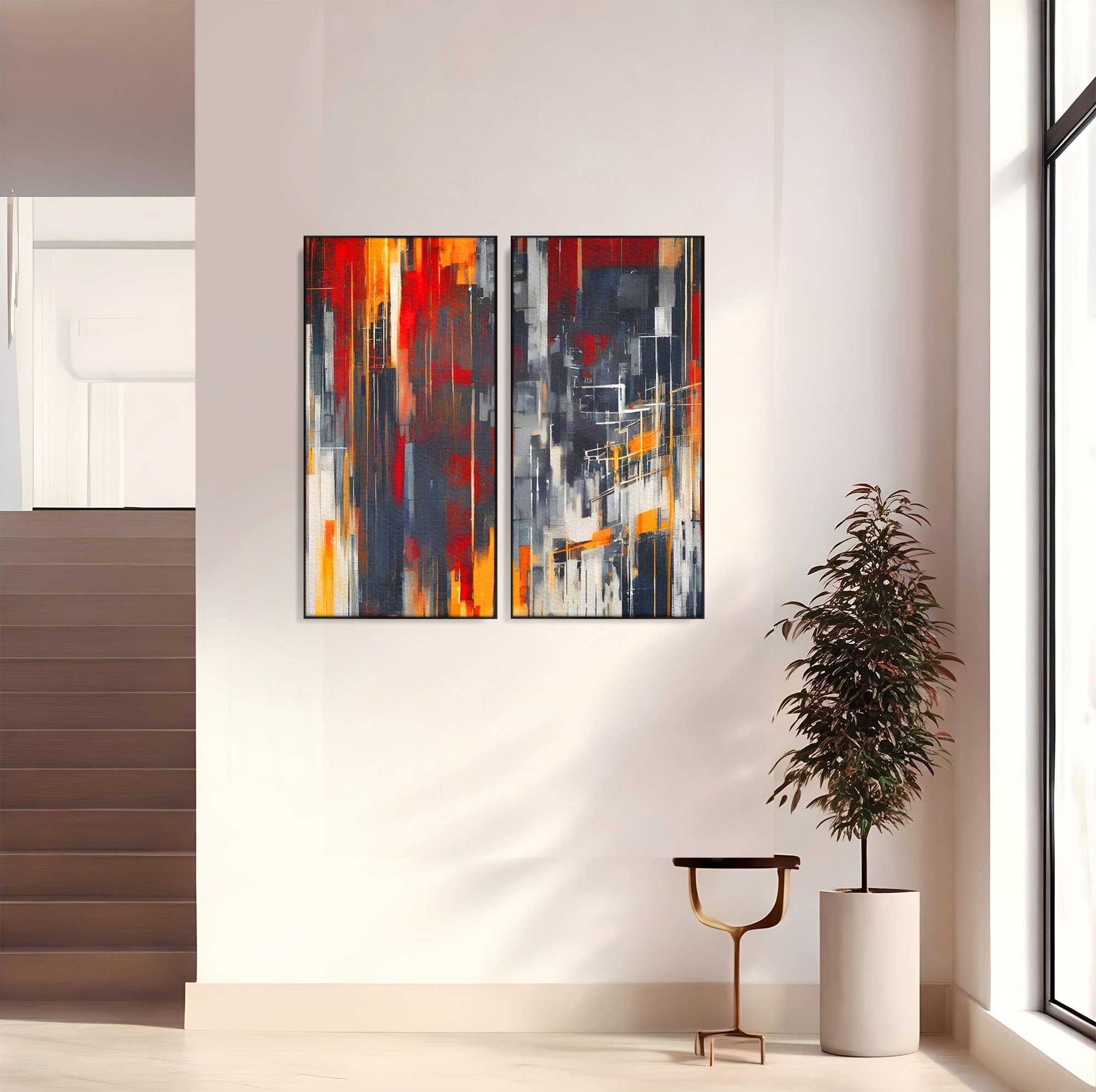 Set 2 Tablouri Canvas Premium LuxCanva® O2-1025, Fragmente de Infinit, Foc, Tacere, Adanc, Ecou, Timp, Destin, Ziduri, Labirint, Ardere, Fracturi, Apus, Umbre, Oras, Geometrii, Birou, Living, Dormitor