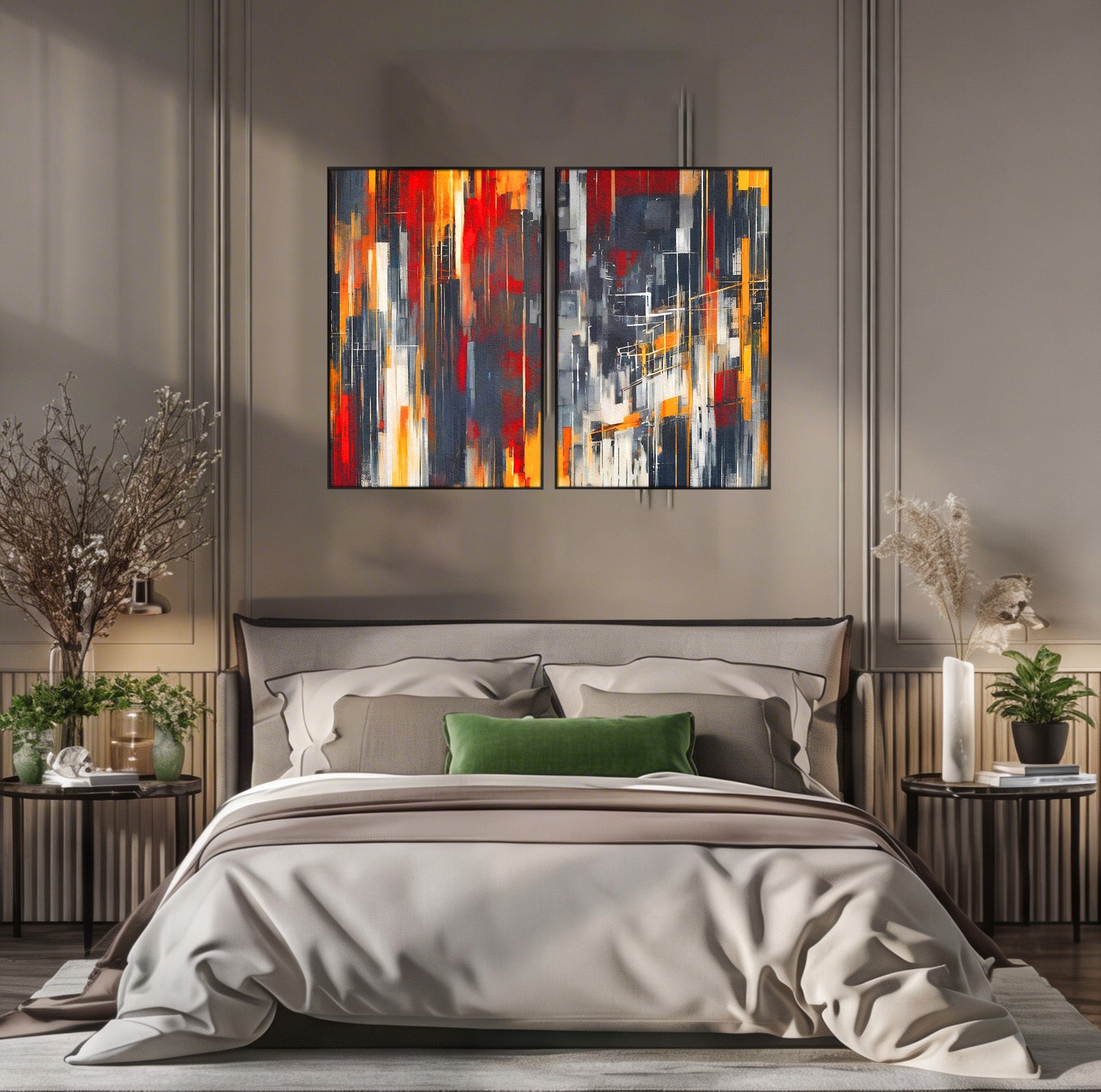 Set 2 Tablouri Canvas Premium LuxCanva® O2-1025, Fragmente de Infinit, Foc, Tacere, Adanc, Ecou, Timp, Destin, Ziduri, Labirint, Ardere, Fracturi, Apus, Umbre, Oras, Geometrii, Birou, Living, Dormitor