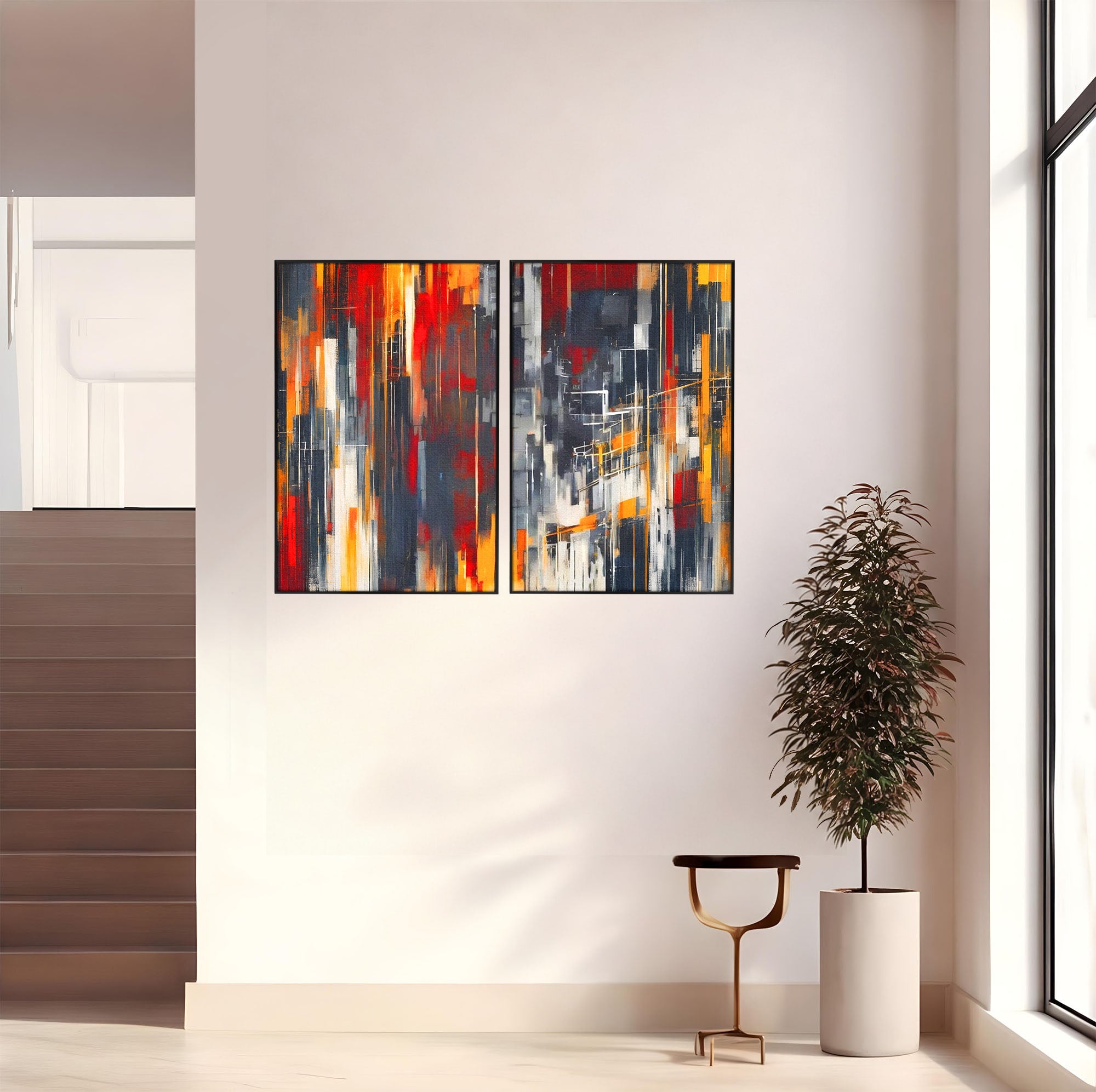 Set 2 Tablouri Canvas Premium LuxCanva® O2-1025, Fragmente de Infinit, Foc, Tacere, Adanc, Ecou, Timp, Destin, Ziduri, Labirint, Ardere, Fracturi, Apus, Umbre, Oras, Geometrii, Birou, Living, Dormitor