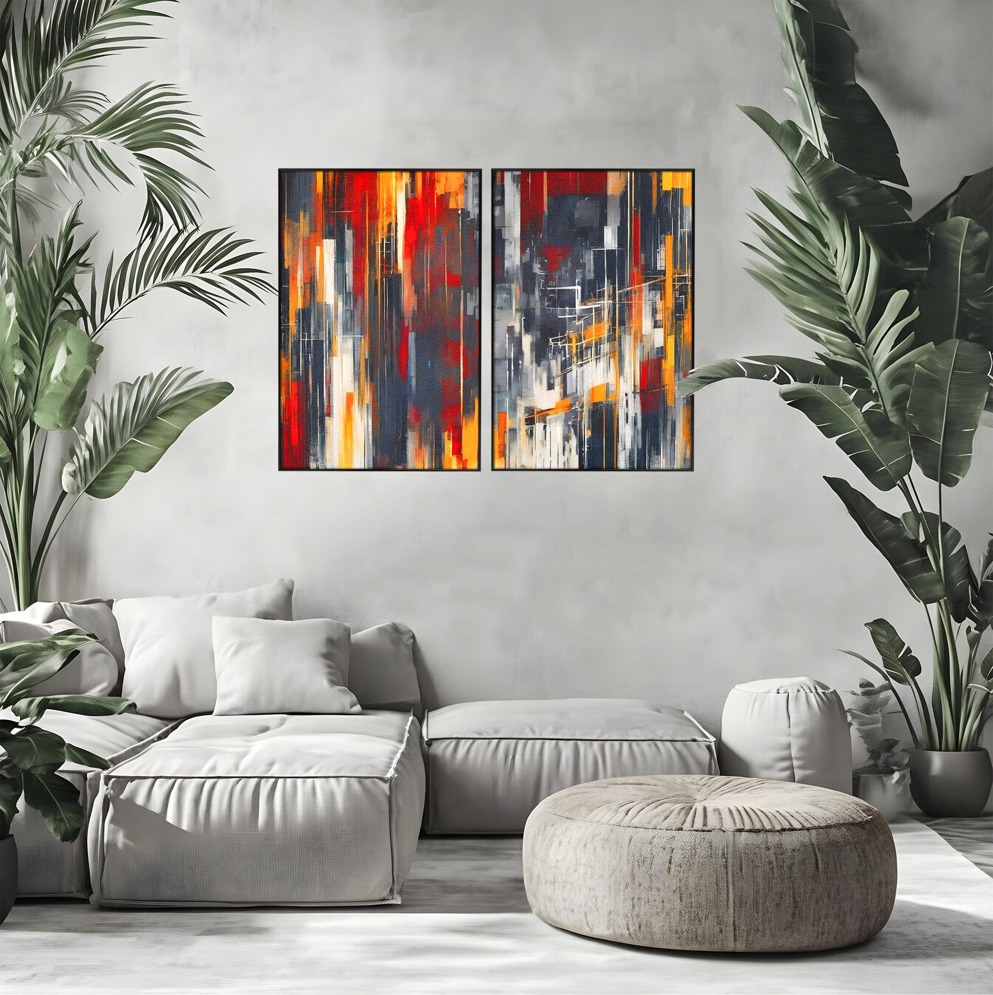 Set 2 Tablouri Canvas Premium LuxCanva® O2-1025, Fragmente de Infinit, Foc, Tacere, Adanc, Ecou, Timp, Destin, Ziduri, Labirint, Ardere, Fracturi, Apus, Umbre, Oras, Geometrii, Birou, Living, Dormitor