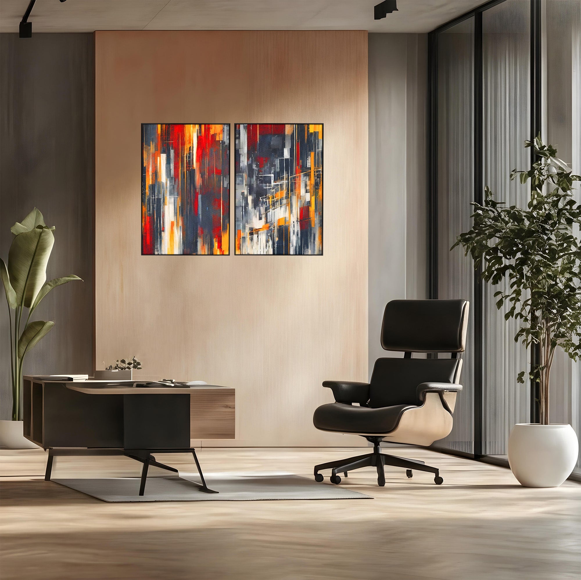 Set 2 Tablouri Canvas Premium LuxCanva® O2-1025, Fragmente de Infinit, Foc, Tacere, Adanc, Ecou, Timp, Destin, Ziduri, Labirint, Ardere, Fracturi, Apus, Umbre, Oras, Geometrii, Birou, Living, Dormitor