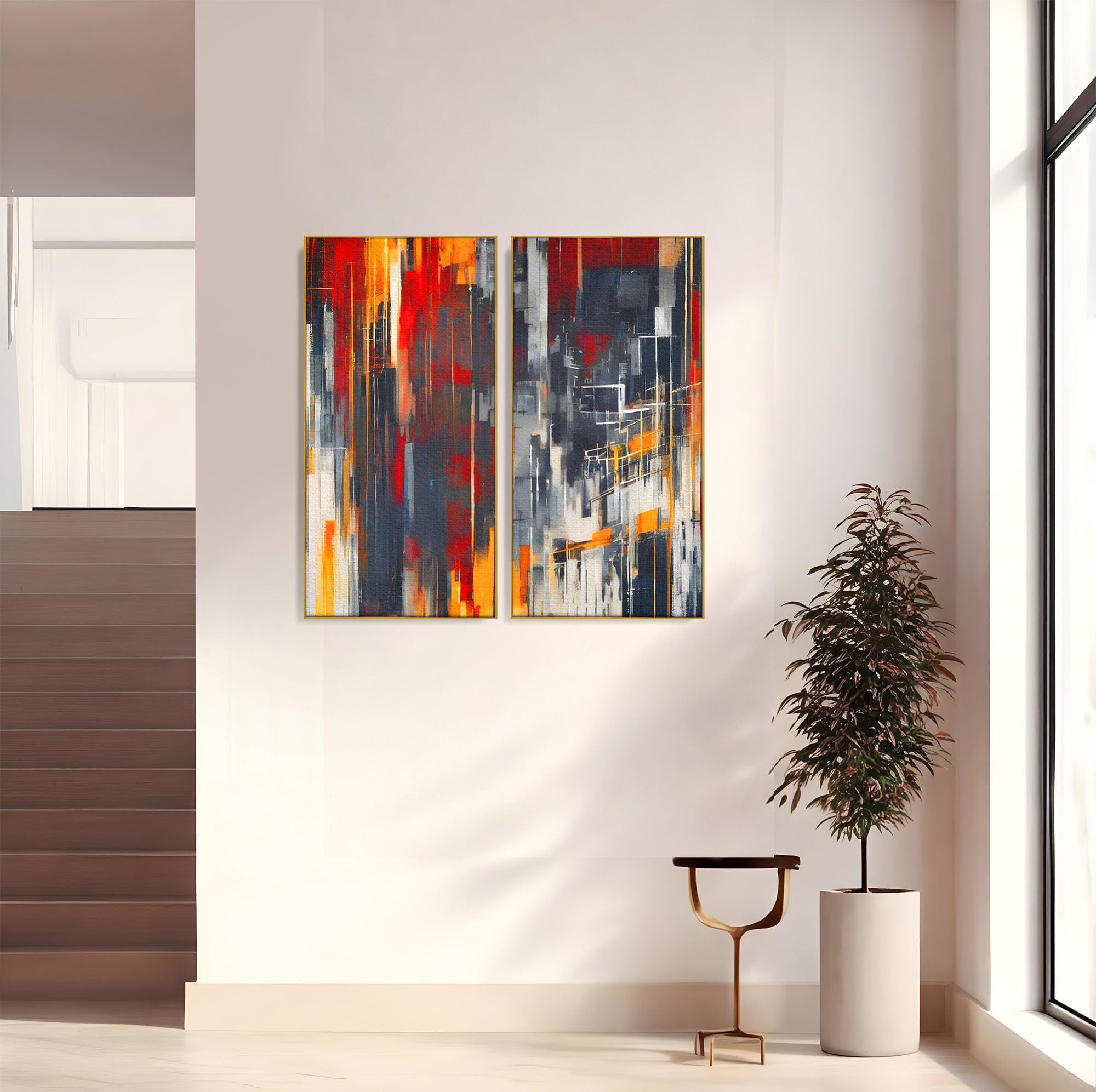 Set 2 Tablouri Canvas Premium LuxCanva® O2-1025, Fragmente de Infinit, Foc, Tacere, Adanc, Ecou, Timp, Destin, Ziduri, Labirint, Ardere, Fracturi, Apus, Umbre, Oras, Geometrii, Birou, Living, Dormitor