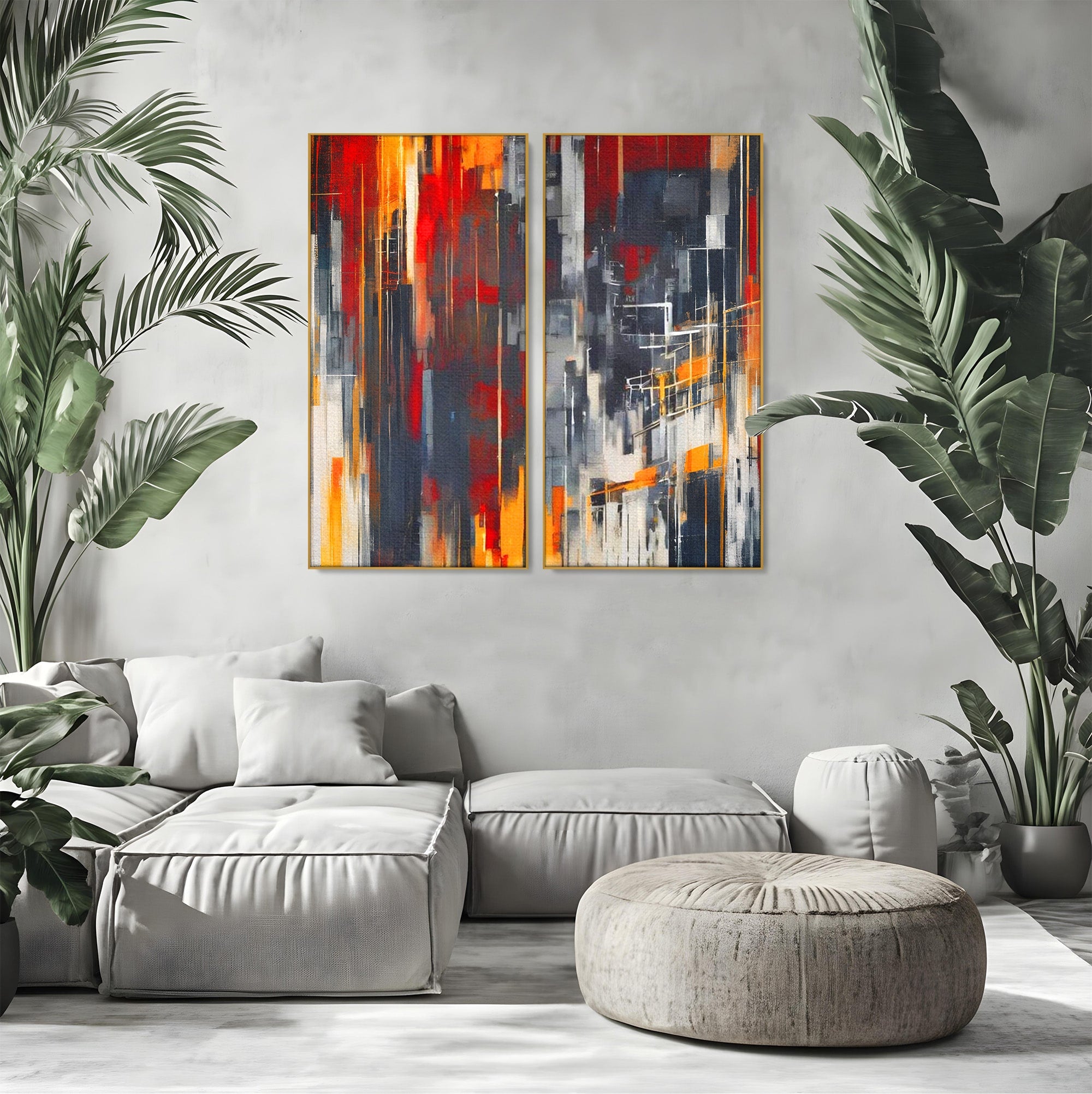 Set 2 Tablouri Canvas Premium LuxCanva® O2-1025, Fragmente de Infinit, Foc, Tacere, Adanc, Ecou, Timp, Destin, Ziduri, Labirint, Ardere, Fracturi, Apus, Umbre, Oras, Geometrii, Birou, Living, Dormitor